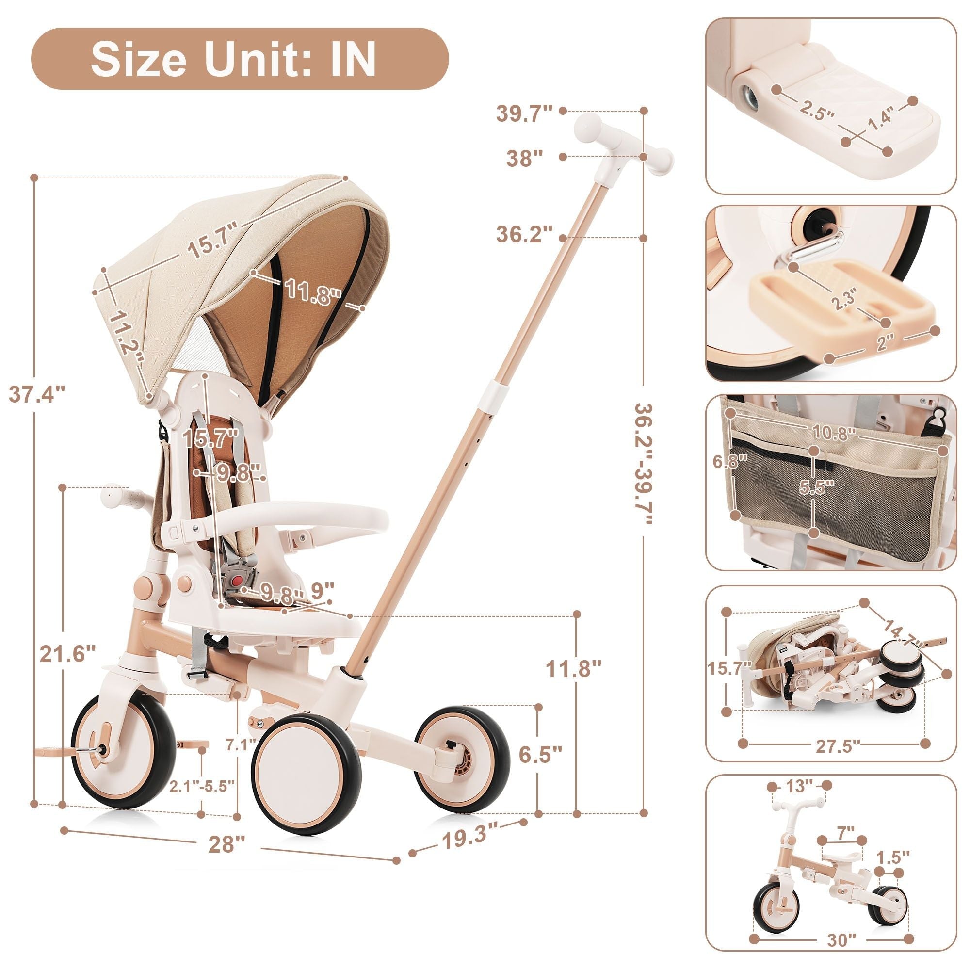 7 in 1 Baby Tricycle, Foldable Toddler Tricycle with Removable and Adjustable Parent Handle, Toddler Push Bike with Removable Pedal, Canopy, and Guardrail, Tricycle for 12-72 Months, light brown - Cool Brand Designs