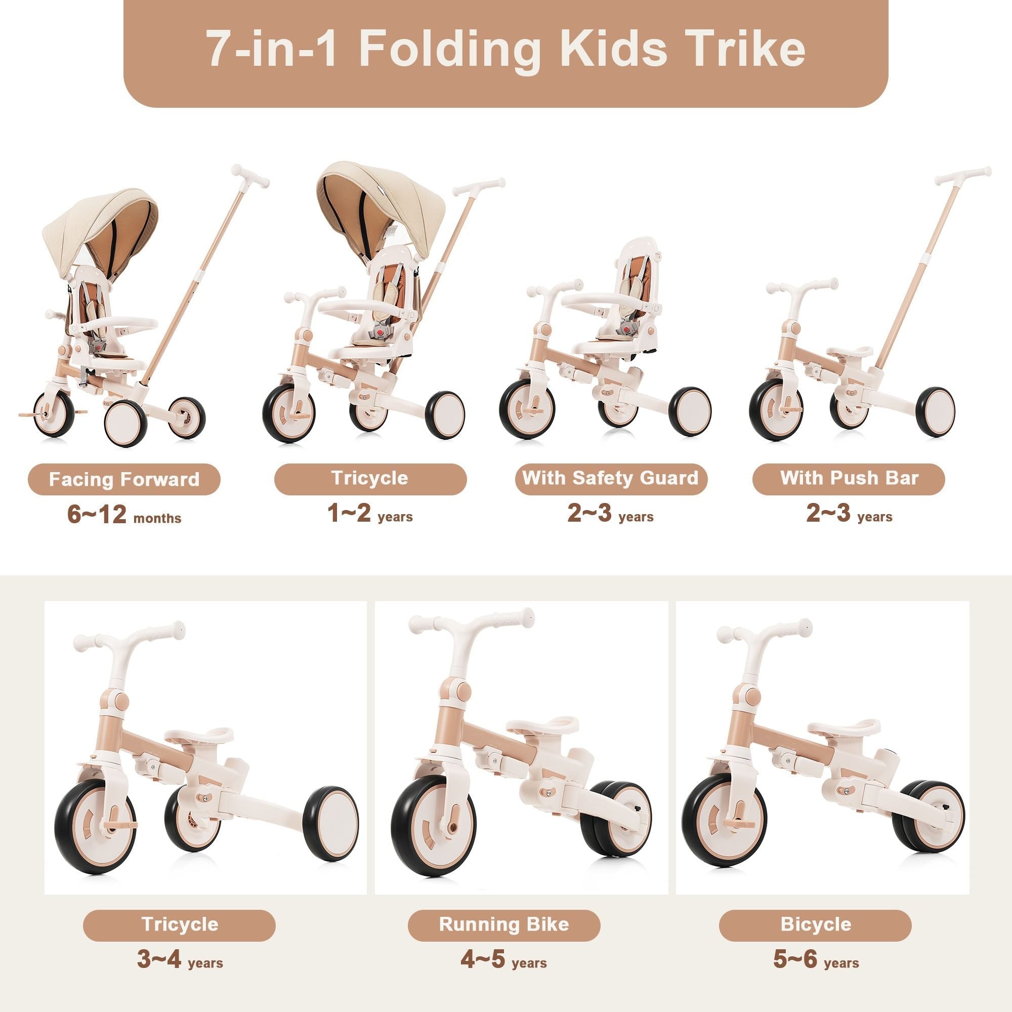 7 in 1 Baby Tricycle, Foldable Toddler Tricycle with Removable and Adjustable Parent Handle, Toddler Push Bike with Removable Pedal, Canopy, and Guardrail, Tricycle for 12-72 Months, light brown - Cool Brand Designs