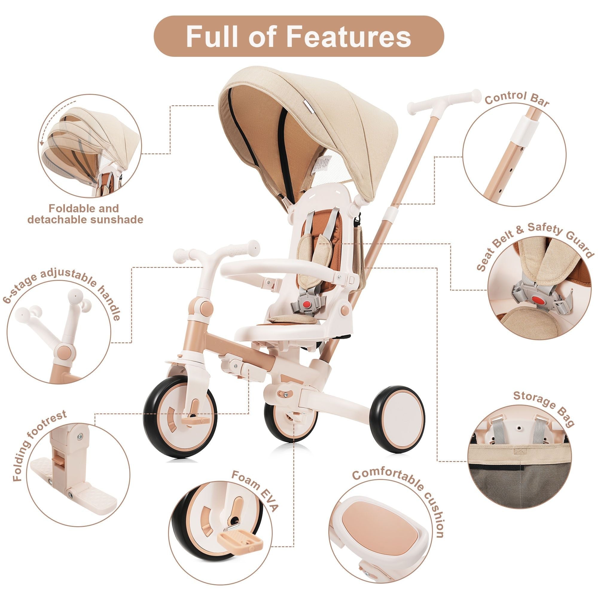 7 in 1 Baby Tricycle, Foldable Toddler Tricycle with Removable and Adjustable Parent Handle, Toddler Push Bike with Removable Pedal, Canopy, and Guardrail, Tricycle for 12-72 Months, light brown - Cool Brand Designs