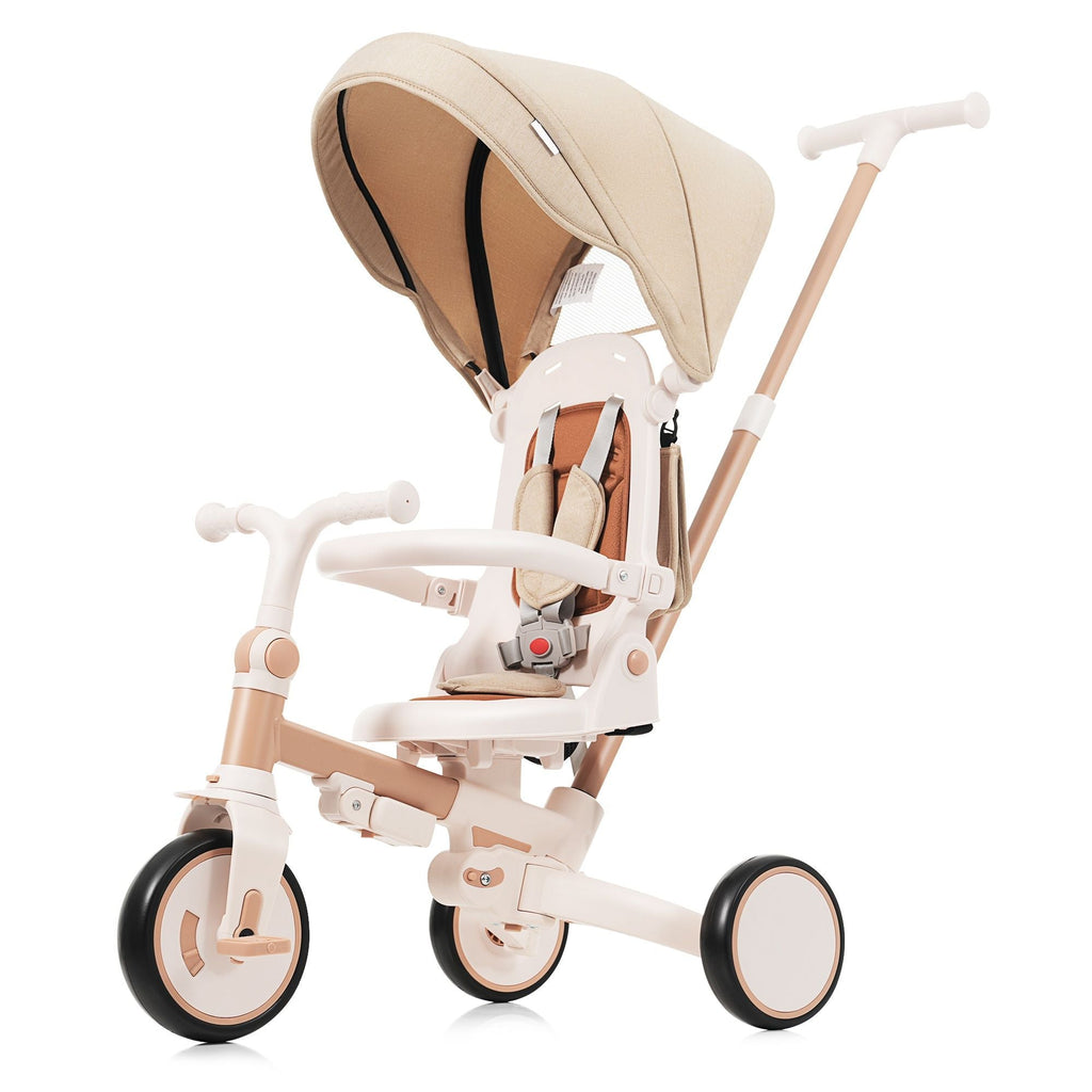 7 in 1 Baby Tricycle, Foldable Toddler Tricycle with Removable and Adjustable Parent Handle, Toddler Push Bike with Removable Pedal, Canopy, and Guardrail, Tricycle for 12-72 Months, light brown - Cool Brand Designs
