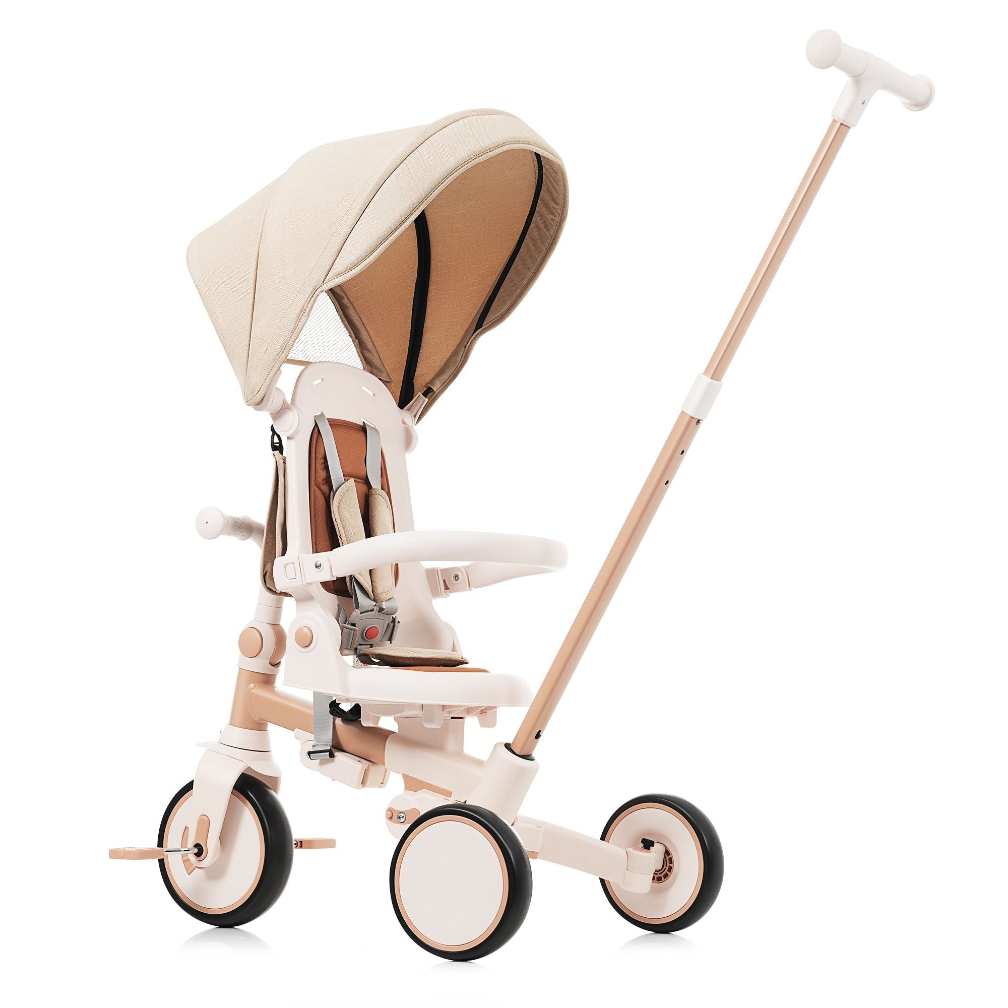 7 in 1 Baby Tricycle, Foldable Toddler Tricycle with Removable and Adjustable Parent Handle, Toddler Push Bike with Removable Pedal, Canopy, and Guardrail, Tricycle for 12-72 Months, light brown - Cool Brand Designs