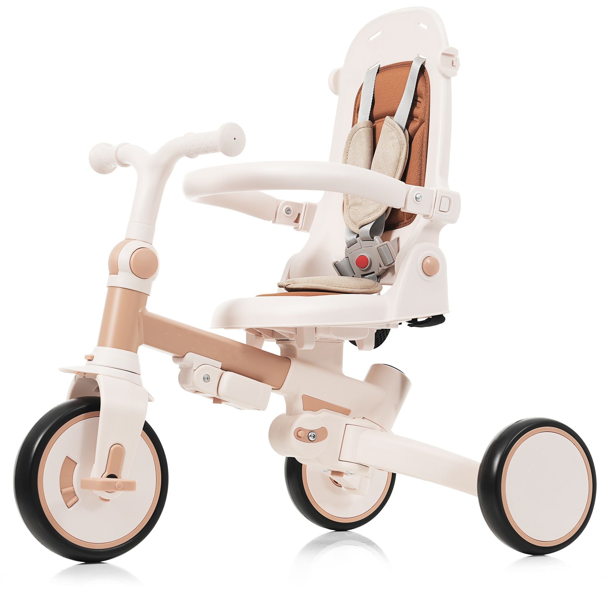 7 in 1 Baby Tricycle, Foldable Toddler Tricycle with Removable and Adjustable Parent Handle, Toddler Push Bike with Removable Pedal, Canopy, and Guardrail, Tricycle for 12-72 Months, light brown - Cool Brand Designs