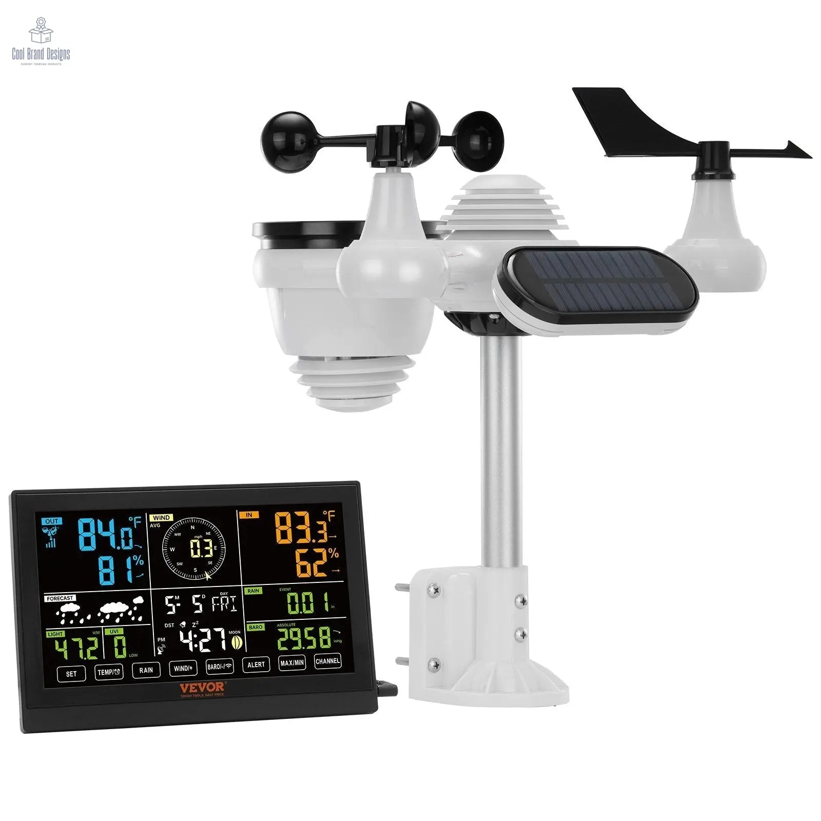 7 - in - 1 Wireless Weather Station, 7.5 in Color Display, Digital Weather Station Indoor Outdoor, for Temperature Humidity Wind Speed/Direction Rain UV, with Forecast Data, Alarm, Alerts - NO WIFI - Cool Brand Designs