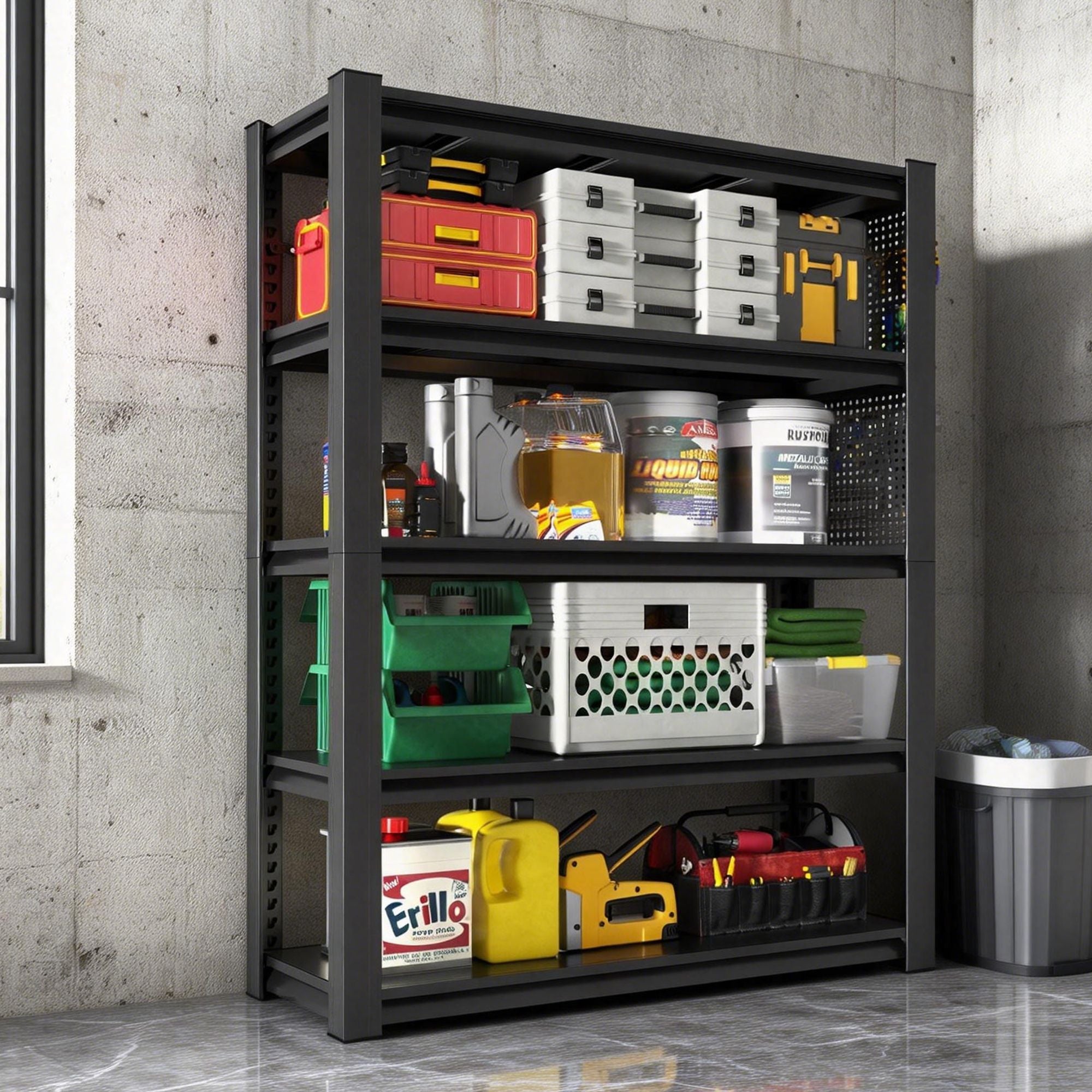 72"H 5-Tier Adjustable Heavy-Duty Shelving with Pegboard, Industrial Storage Rack for Garage, Warehouse, Office, Kitchen - 23.6"D x 47.2"W x 72"H - Cool Brand Designs