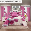 9-Piece Pink Rose Bedding & Curtain Set (Queen/King/Cal King) - Quilted Microfiber Bedspread + Sheer Curtains - Cool Brand Designs
