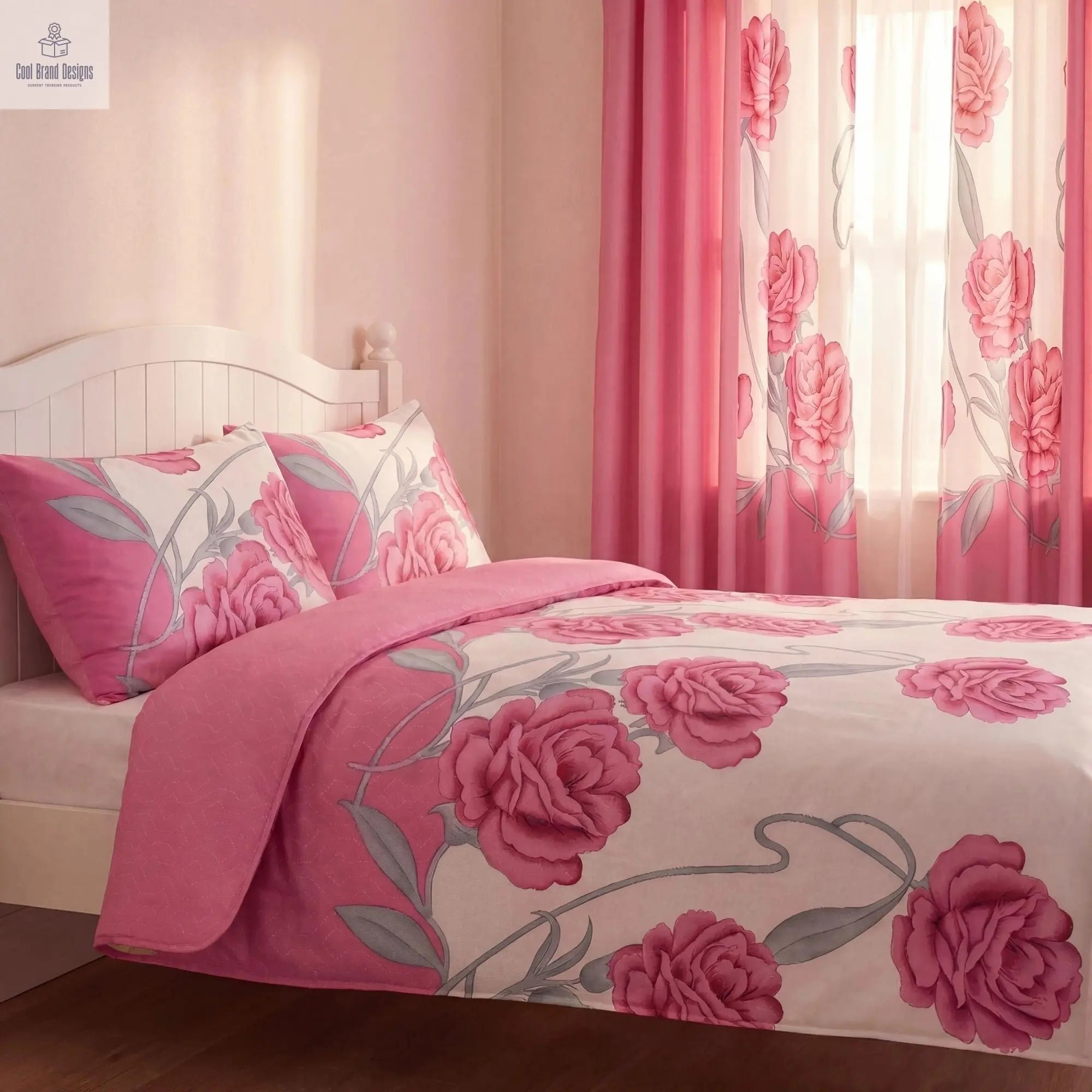 9-Piece Pink Rose Bedding & Curtain Set (Queen/King/Cal King) - Quilted Microfiber Bedspread + Sheer Curtains - Cool Brand Designs