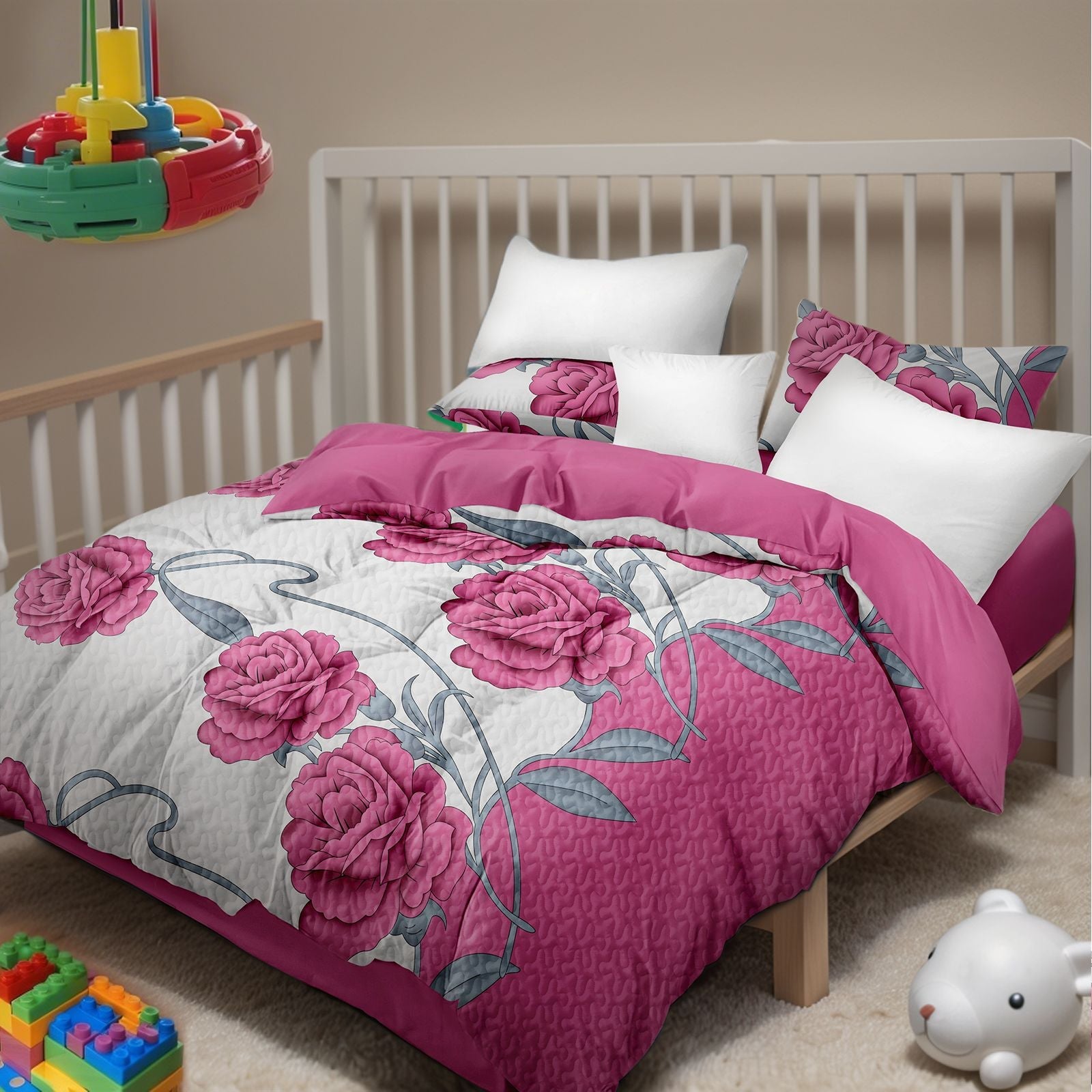 9-Piece Pink Rose Bedding & Curtain Set (Queen/King/Cal King) - Quilted Microfiber Bedspread + Sheer Curtains - Cool Brand Designs