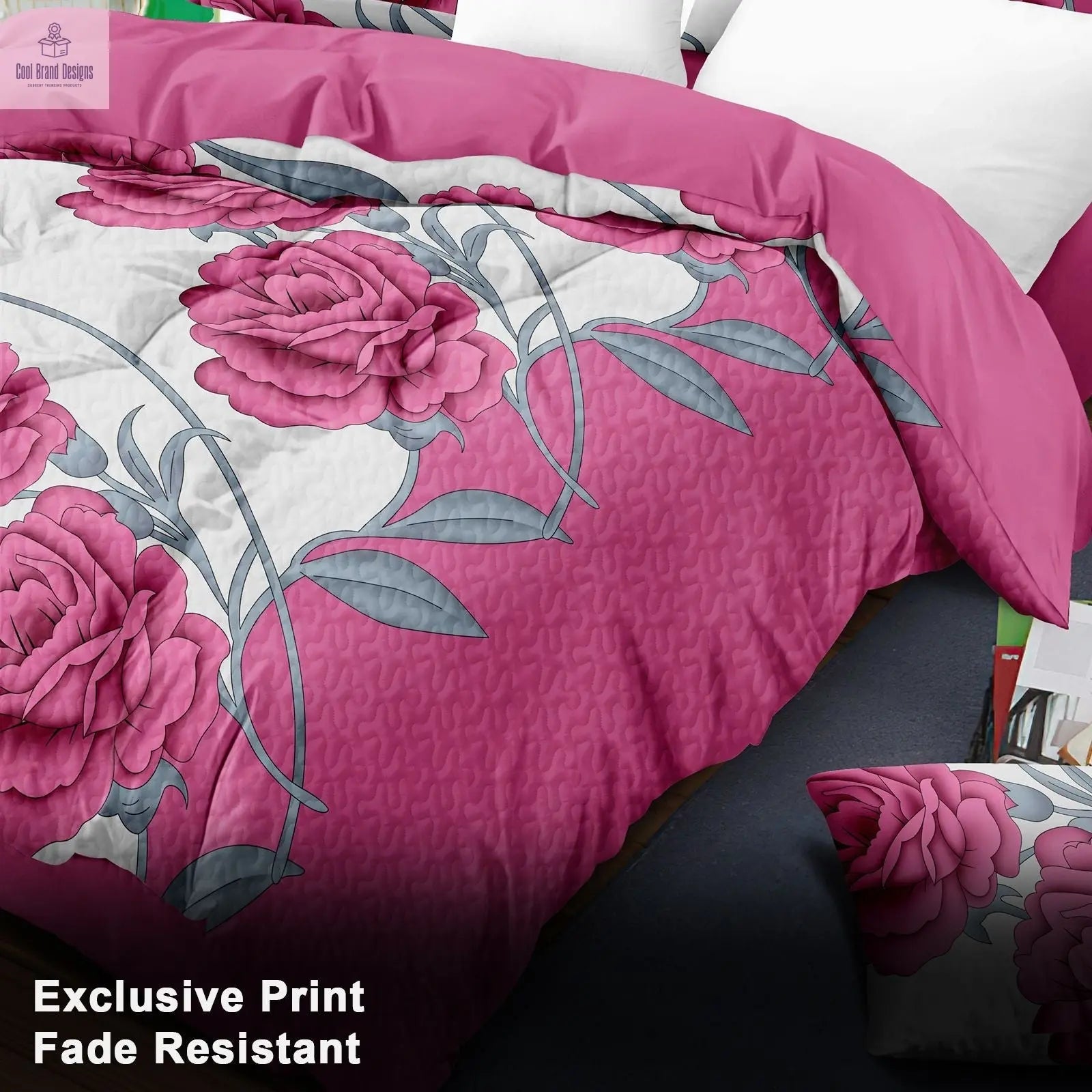 9-Piece Pink Rose Bedding & Curtain Set (Queen/King/Cal King) - Quilted Microfiber Bedspread + Sheer Curtains - Cool Brand Designs