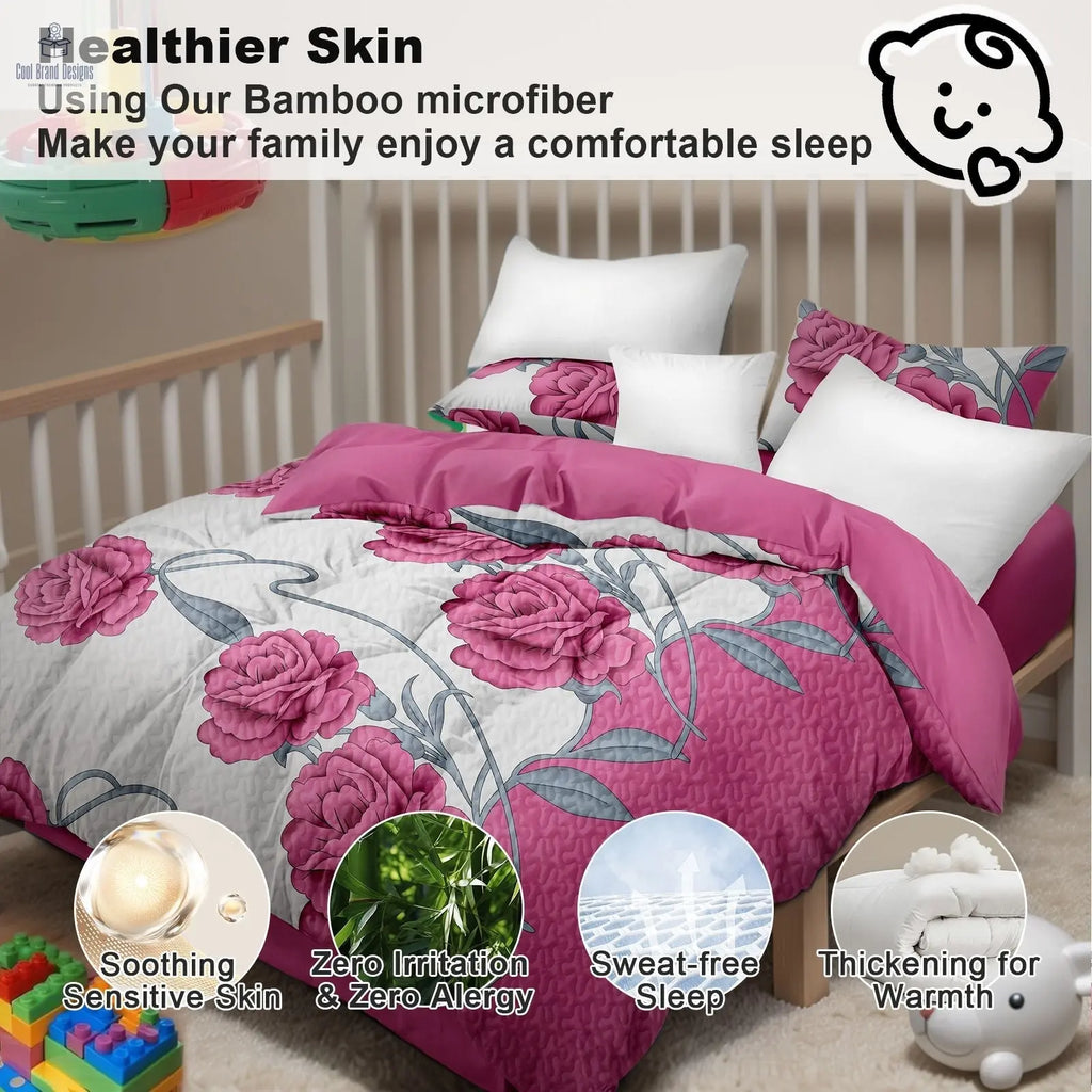 9-Piece Pink Rose Bedding & Curtain Set (Queen/King/Cal King) - Quilted Microfiber Bedspread + Sheer Curtains - Cool Brand Designs