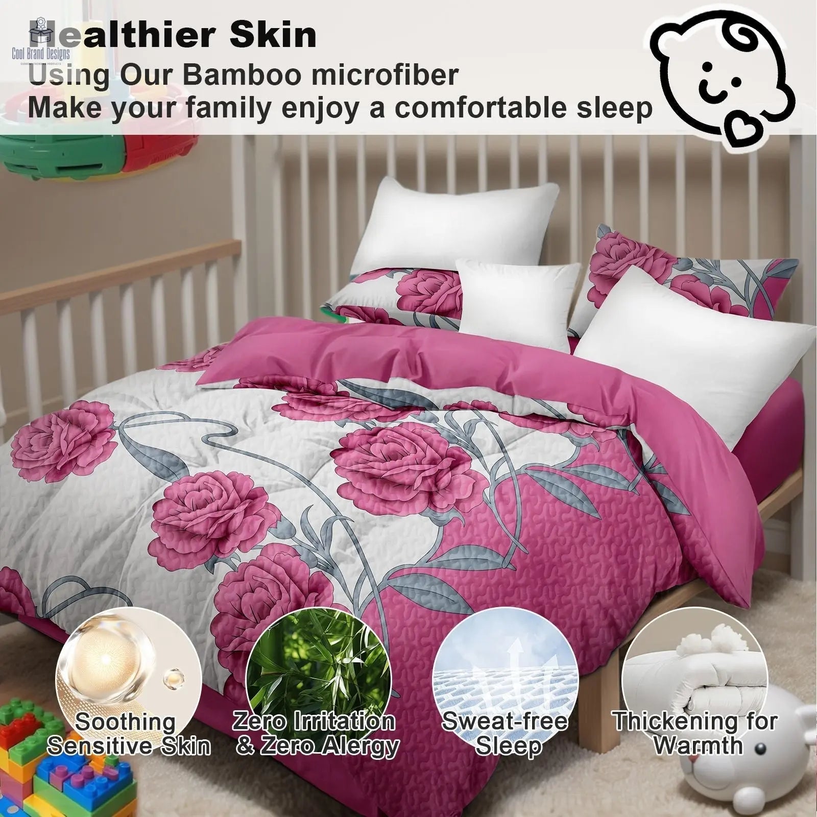 9-Piece Pink Rose Bedding & Curtain Set (Queen/King/Cal King) - Quilted Microfiber Bedspread + Sheer Curtains - Cool Brand Designs