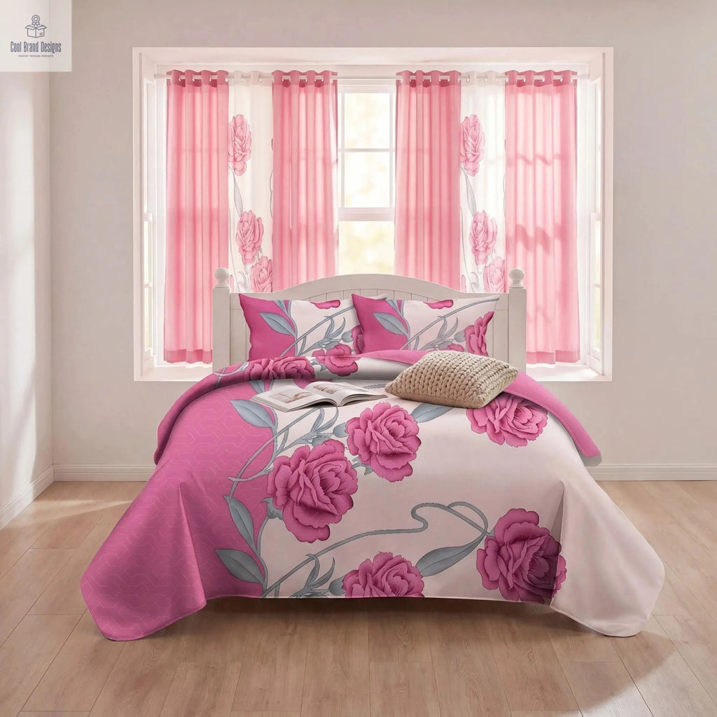 9-Piece Pink Rose Bedding & Curtain Set (Queen/King/Cal King) - Quilted Microfiber Bedspread + Sheer Curtains - Cool Brand Designs