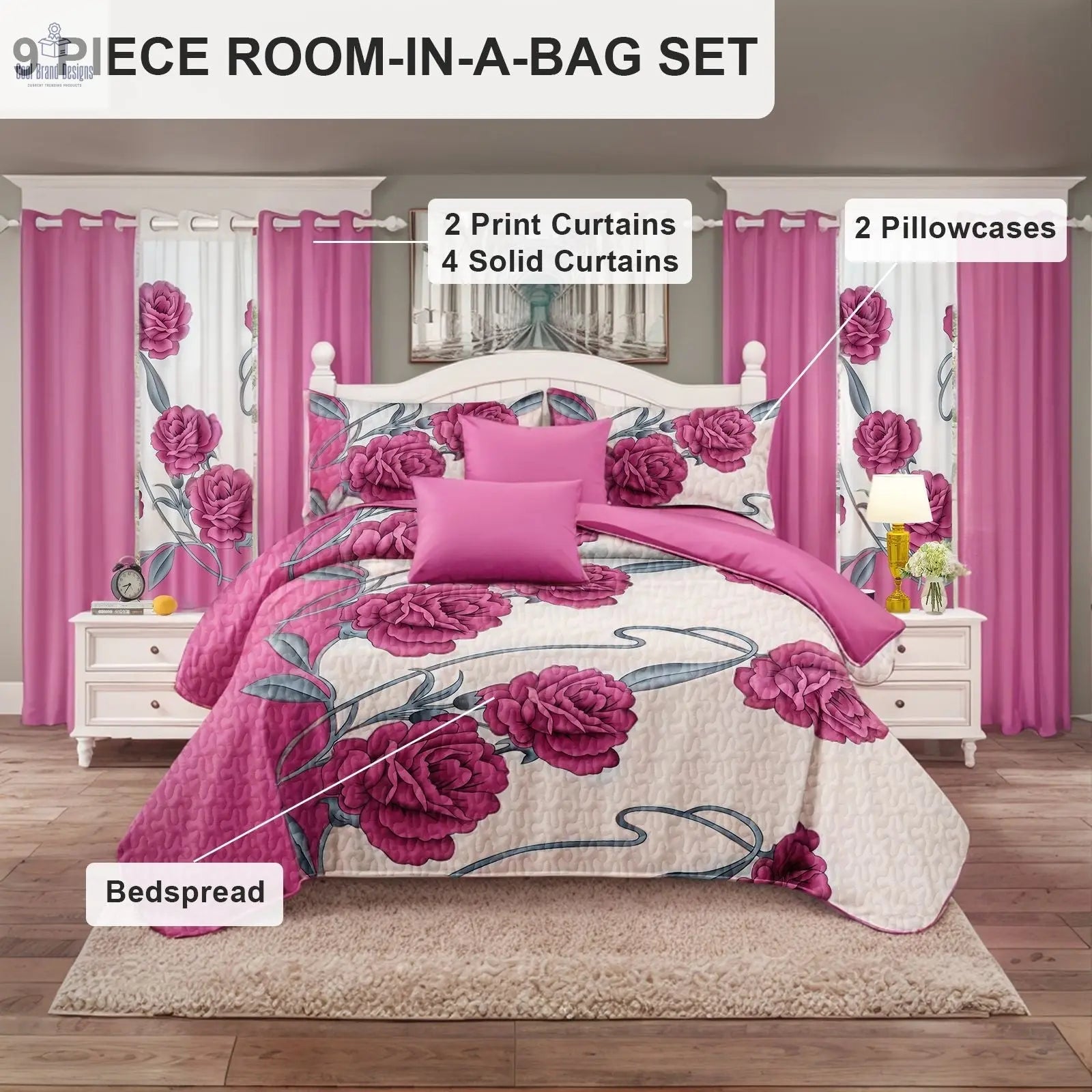 9-Piece Pink Rose Bedding & Curtain Set (Queen/King/Cal King) - Quilted Microfiber Bedspread + Sheer Curtains - Cool Brand Designs