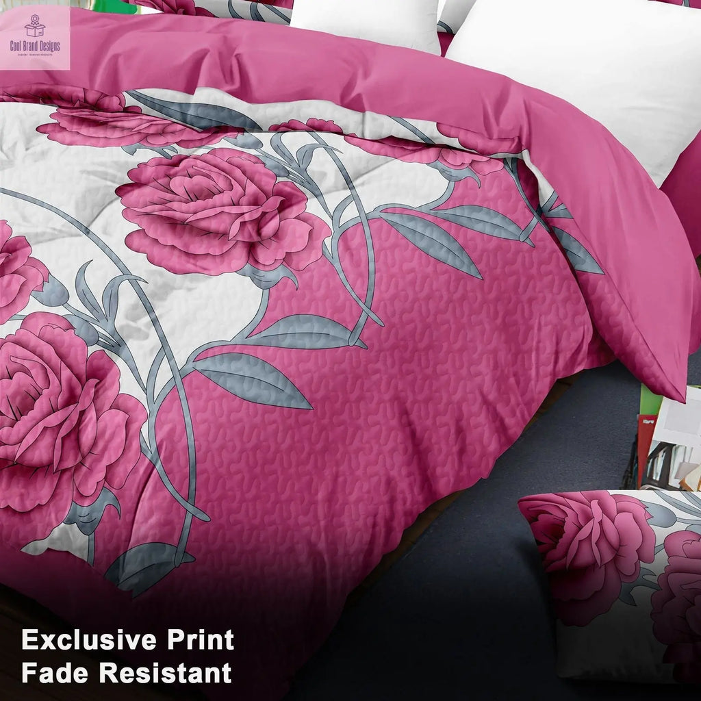 9-Piece Pink Rose Bedding & Curtain Set (Queen/King/Cal King) - Quilted Microfiber Bedspread + Sheer Curtains - Cool Brand Designs