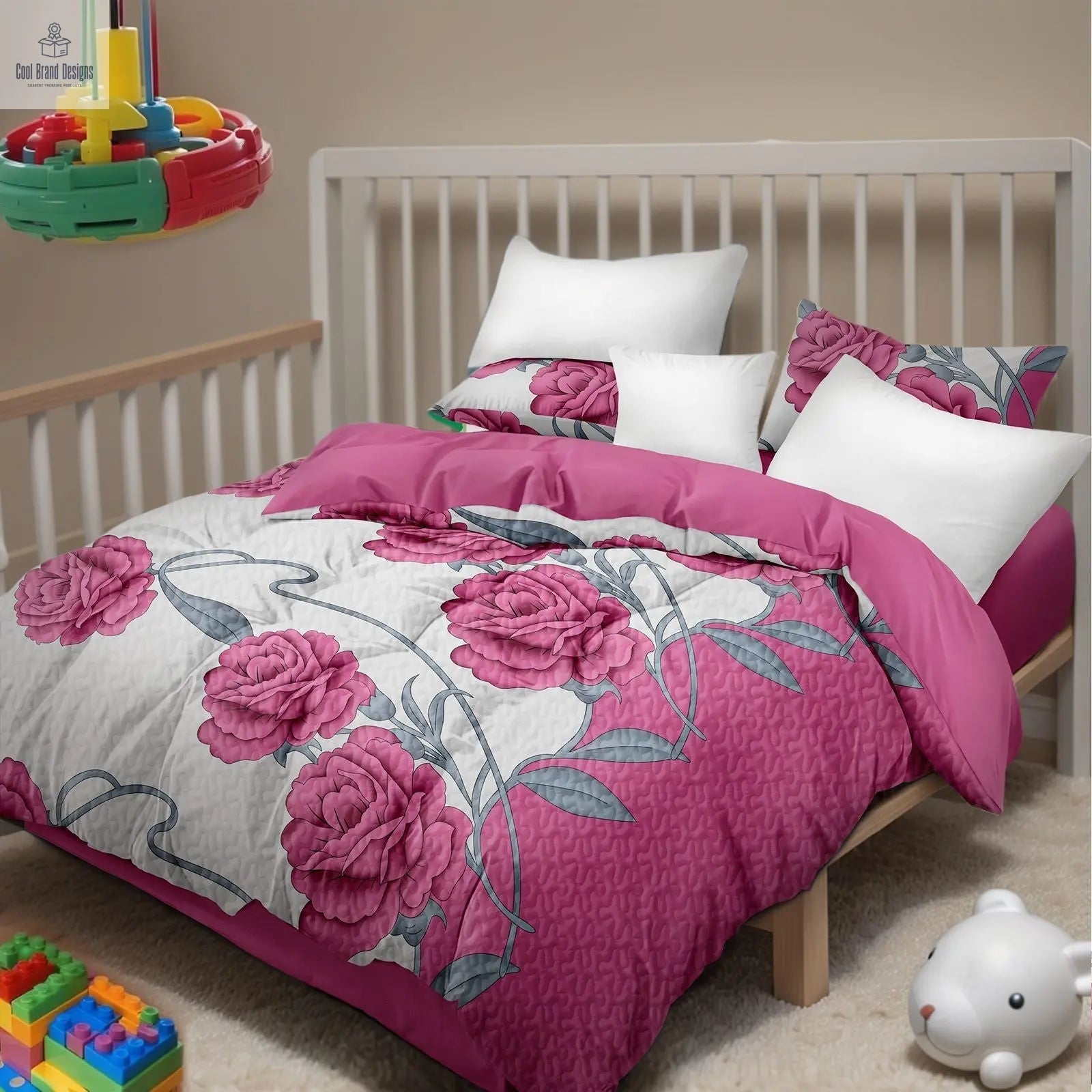 9-Piece Pink Rose Bedding & Curtain Set (Queen/King/Cal King) - Quilted Microfiber Bedspread + Sheer Curtains - Cool Brand Designs
