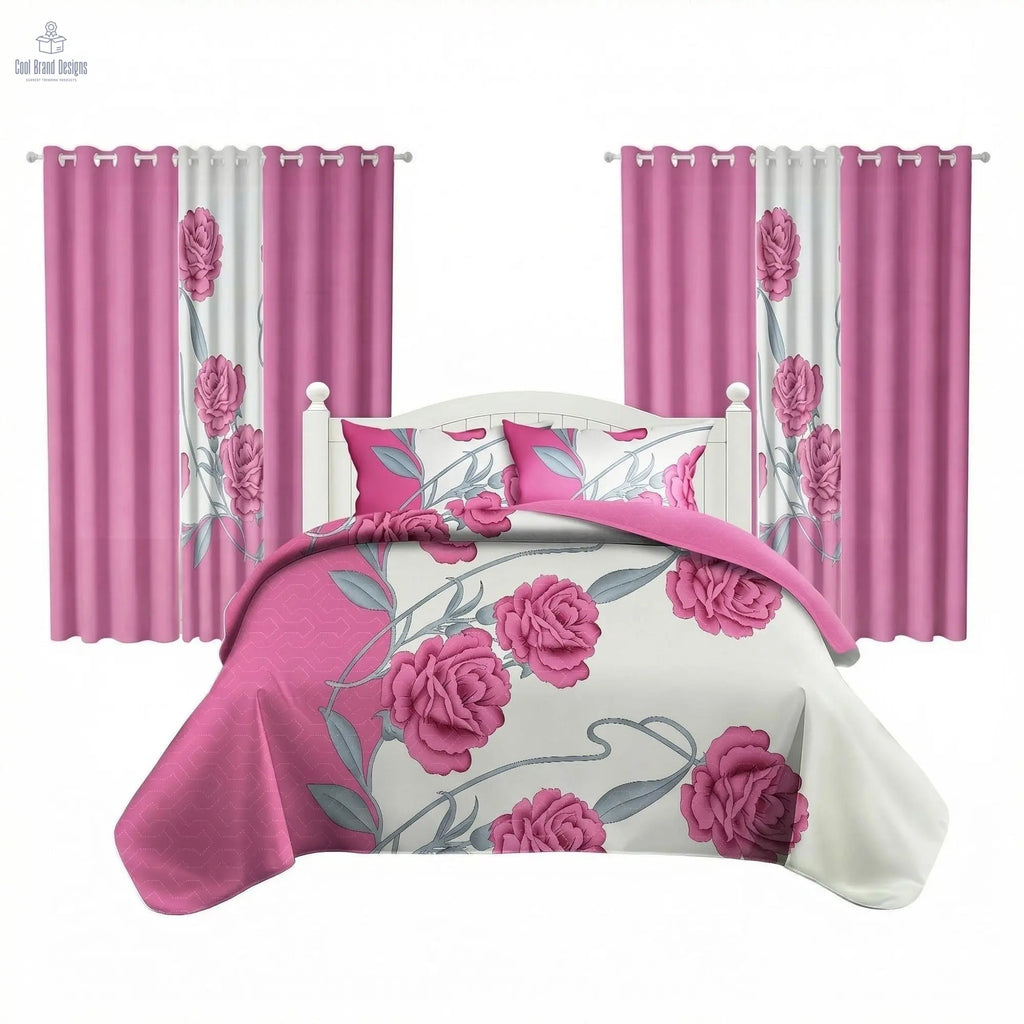 9-Piece Pink Rose Bedding & Curtain Set (Queen/King/Cal King) - Quilted Microfiber Bedspread + Sheer Curtains - Cool Brand Designs