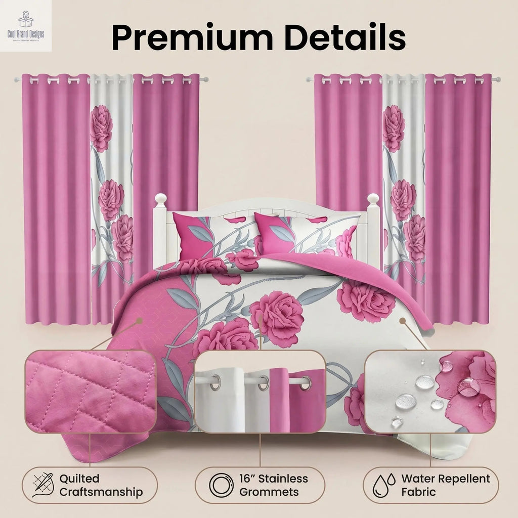 9-Piece Pink Rose Bedding & Curtain Set (Queen/King/Cal King) - Quilted Microfiber Bedspread + Sheer Curtains - Cool Brand Designs