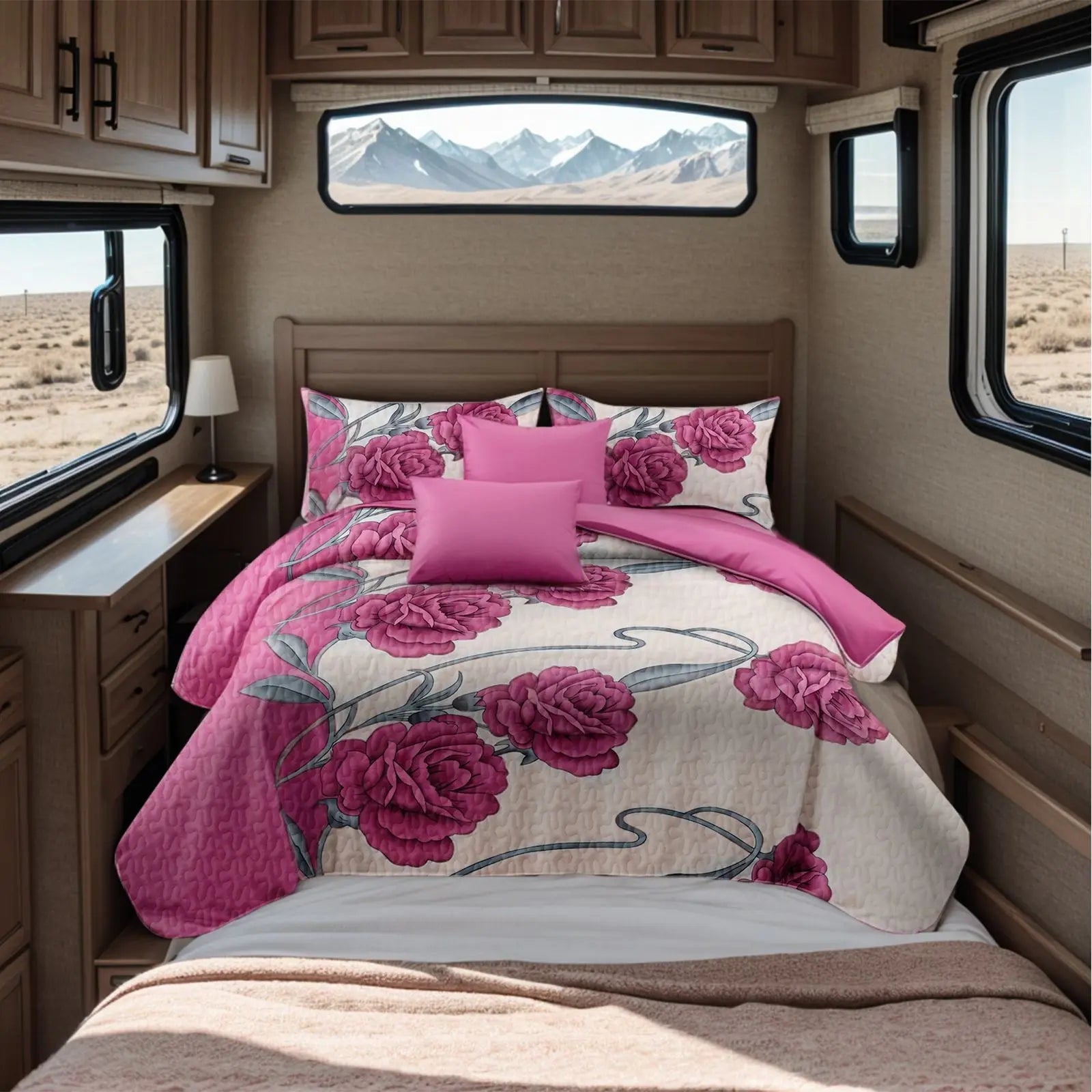9-Piece Pink Rose Bedding & Curtain Set (Queen/King/Cal King) - Quilted Microfiber Bedspread + Sheer Curtains - Cool Brand Designs