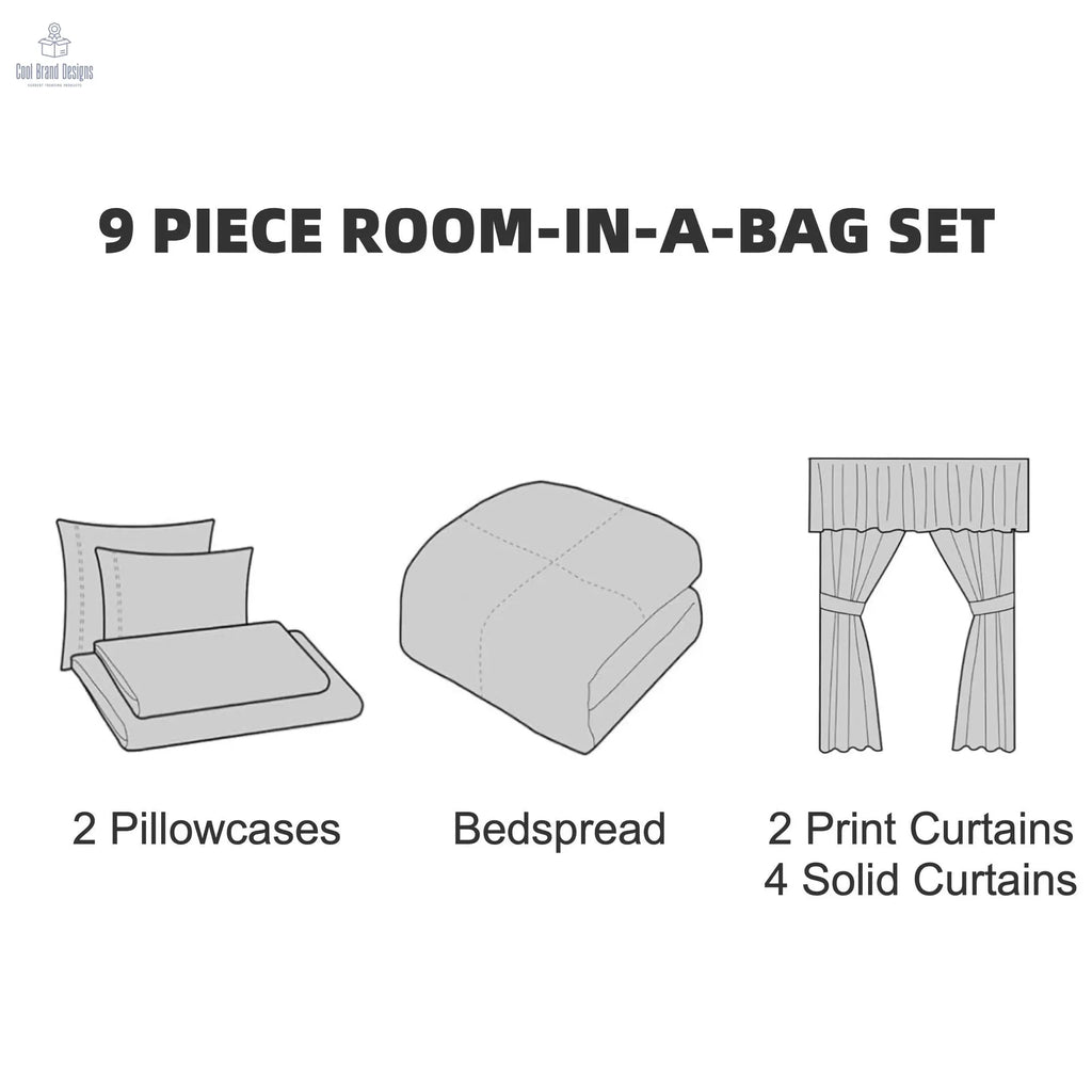 9-Piece Pink Rose Bedding & Curtain Set (Queen/King/Cal King) - Quilted Microfiber Bedspread + Sheer Curtains - Cool Brand Designs