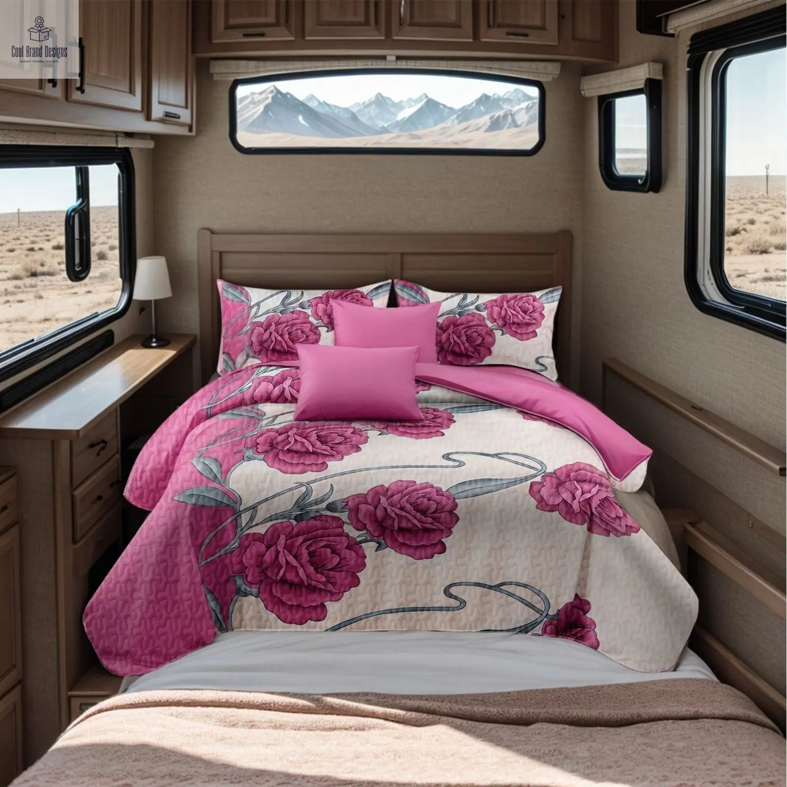 9-Piece Pink Rose Bedding & Curtain Set (Queen/King/Cal King) - Quilted Microfiber Bedspread + Sheer Curtains - Cool Brand Designs