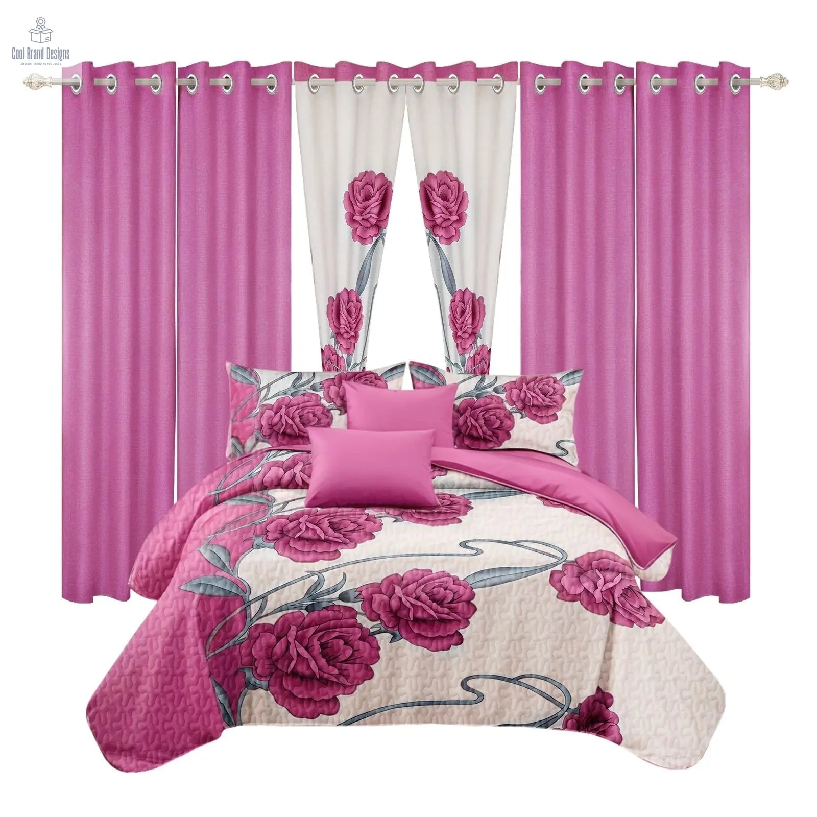 9-Piece Pink Rose Bedding & Curtain Set (Queen/King/Cal King) - Quilted Microfiber Bedspread + Sheer Curtains - Cool Brand Designs
