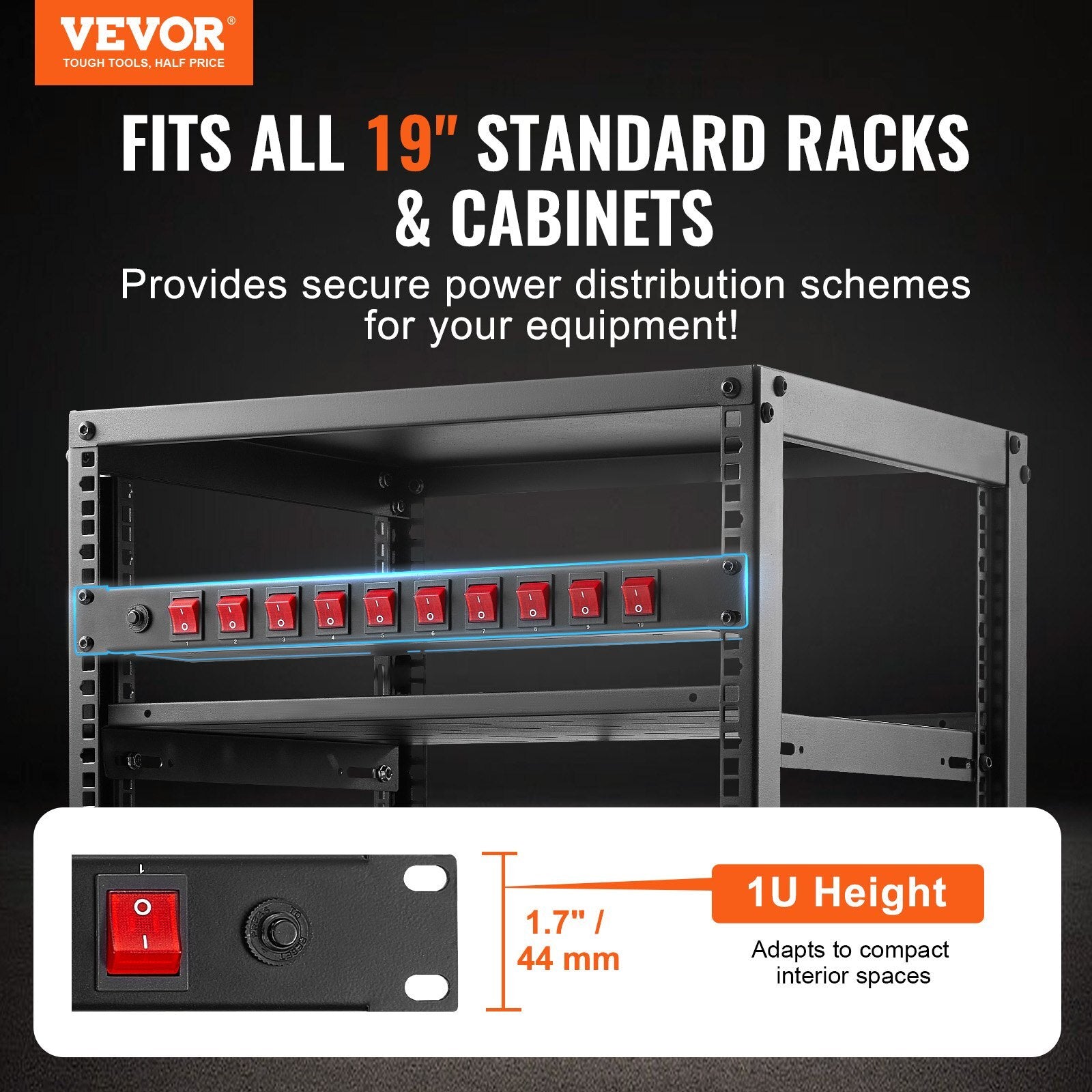 10 Outlets, Rack Mount Power Strip Fits Standard 19" Server Racks