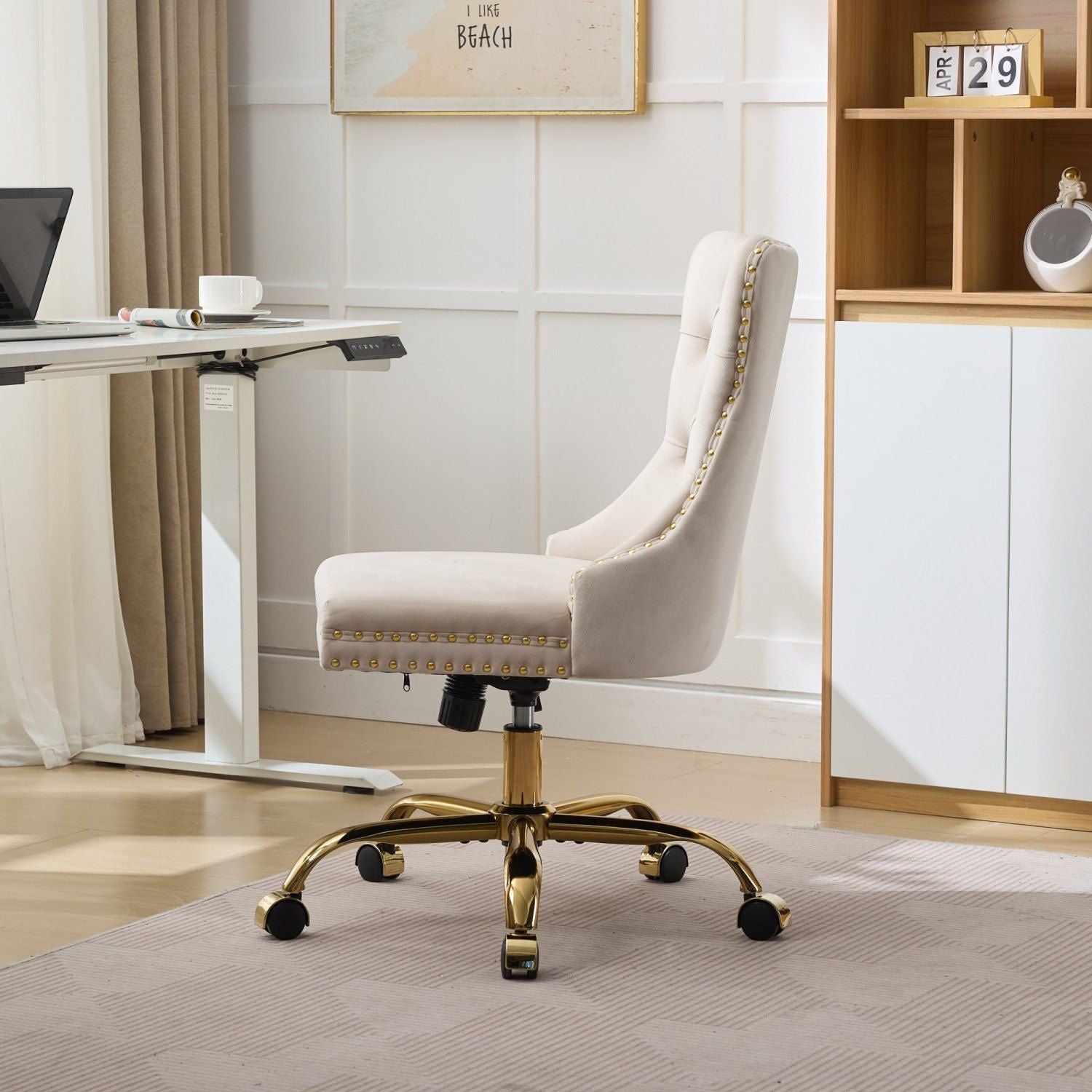 A&A Furniture Office Chair,Modern Velvet Upholstered Tufted Button Home Office Chair with Golden Metal Base,Adjustable Desk Chair Swivel Office Chair (Beige) - Cool Brand Designs