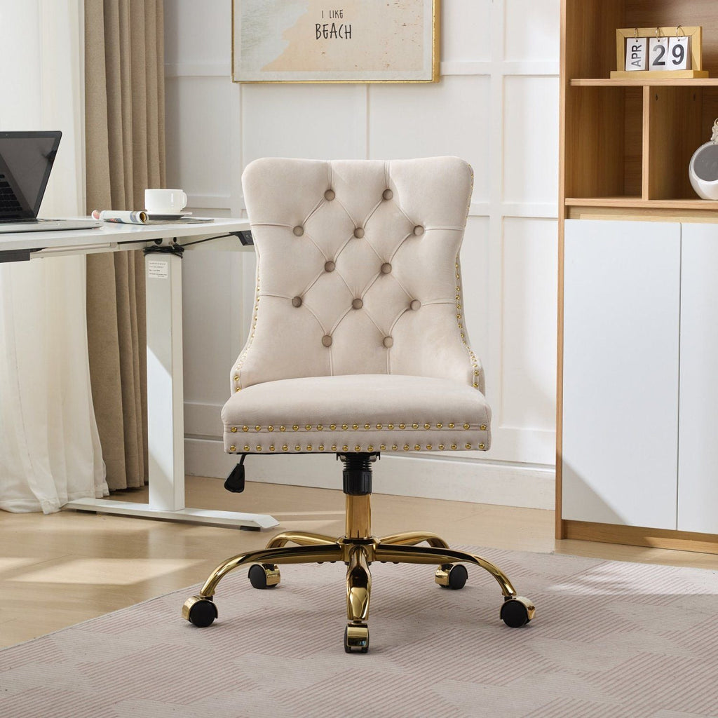 A&A Furniture Office Chair,Modern Velvet Upholstered Tufted Button Home Office Chair with Golden Metal Base,Adjustable Desk Chair Swivel Office Chair (Beige) - Cool Brand Designs