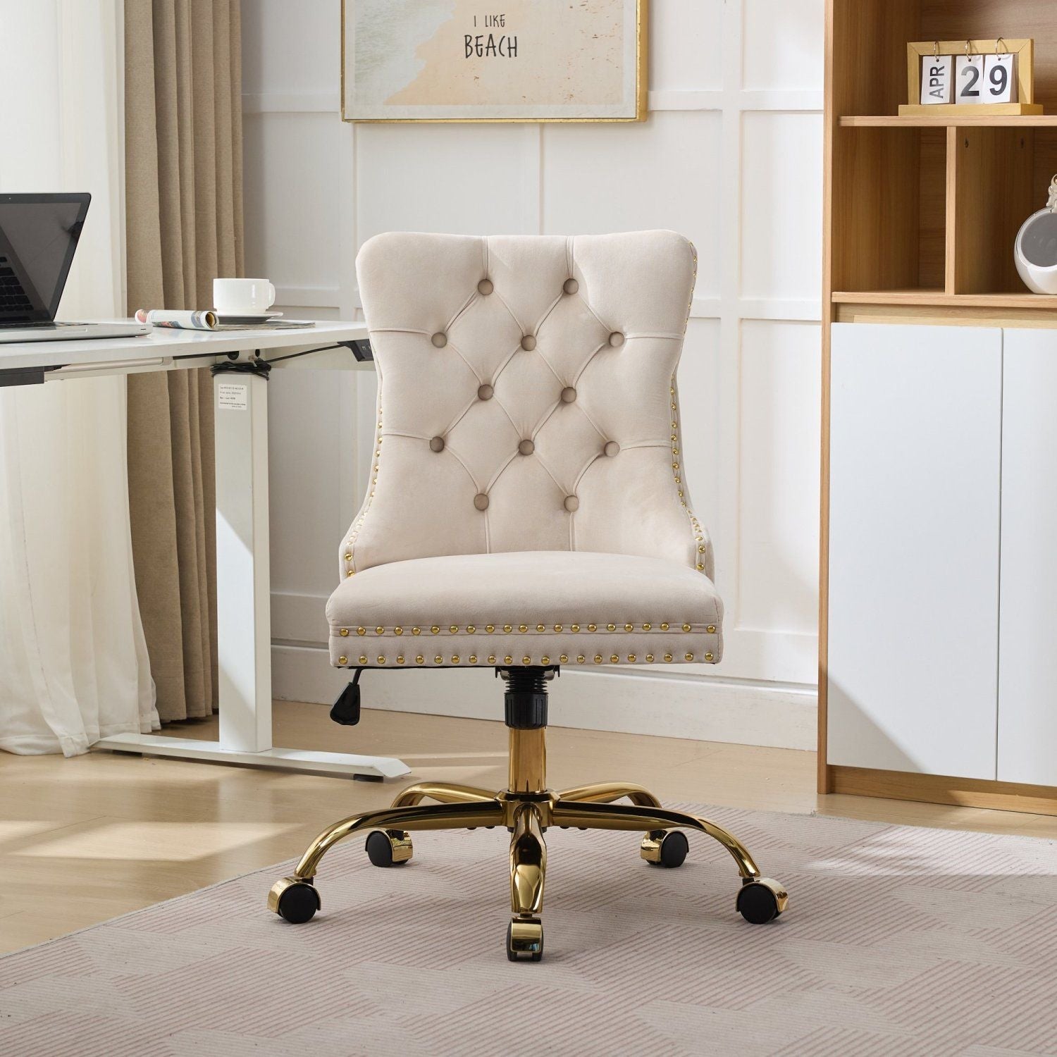 A&A Furniture Office Chair,Modern Velvet Upholstered Tufted Button Home Office Chair with Golden Metal Base,Adjustable Desk Chair Swivel Office Chair (Beige) - Cool Brand Designs