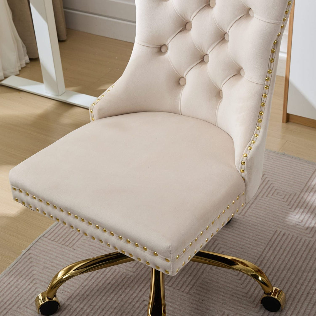 A&A Furniture Office Chair,Modern Velvet Upholstered Tufted Button Home Office Chair with Golden Metal Base,Adjustable Desk Chair Swivel Office Chair (Beige) - Cool Brand Designs