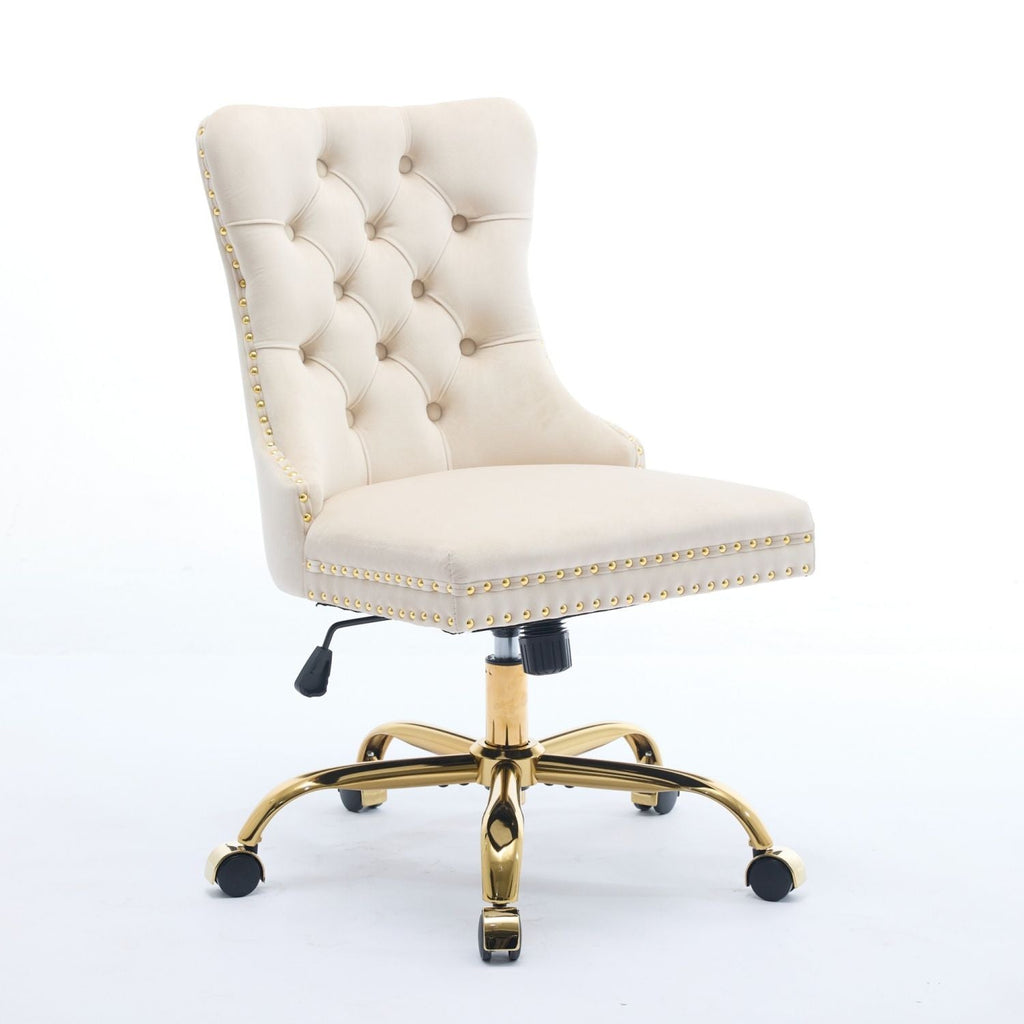 A&A Furniture Office Chair,Modern Velvet Upholstered Tufted Button Home Office Chair with Golden Metal Base,Adjustable Desk Chair Swivel Office Chair (Beige) - Cool Brand Designs