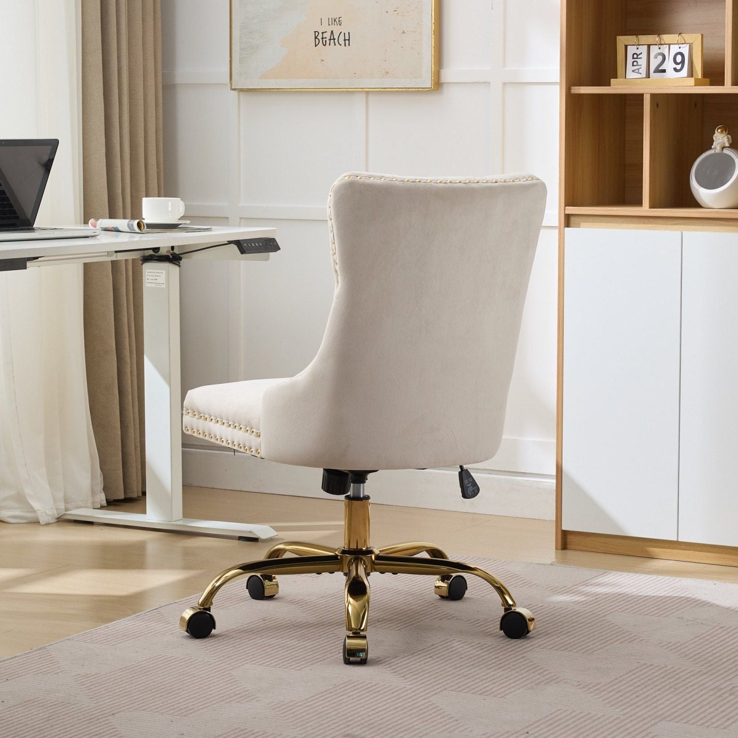 A&A Furniture Office Chair,Modern Velvet Upholstered Tufted Button Home Office Chair with Golden Metal Base,Adjustable Desk Chair Swivel Office Chair (Beige) - Cool Brand Designs