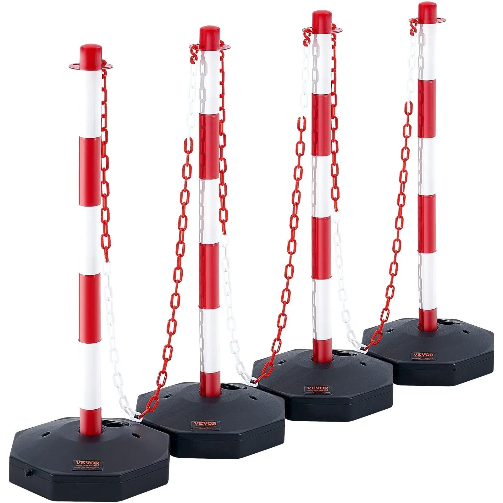 Adjustable Traffic Delineator Post Cones, 4 Pack, Traffic Safety Delineator Barrier with Fillable Base 8FT Chain, for Traffic Control Warning Parking Lot Construction Caution Roads, Red & White VEVOR
