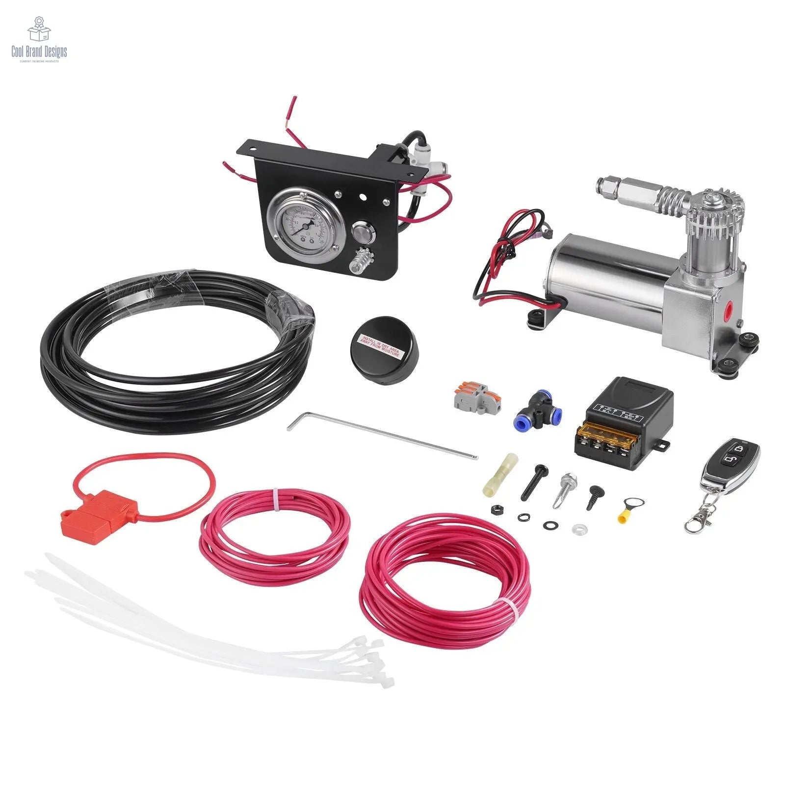 Air Shock Controller Kit, 12V 100PSI On Board Air Compressor System, Air Ride Suspension Compressor Kit with Single Path System, Pressure Gauge & Air Line for Trucks Vans VEVOR