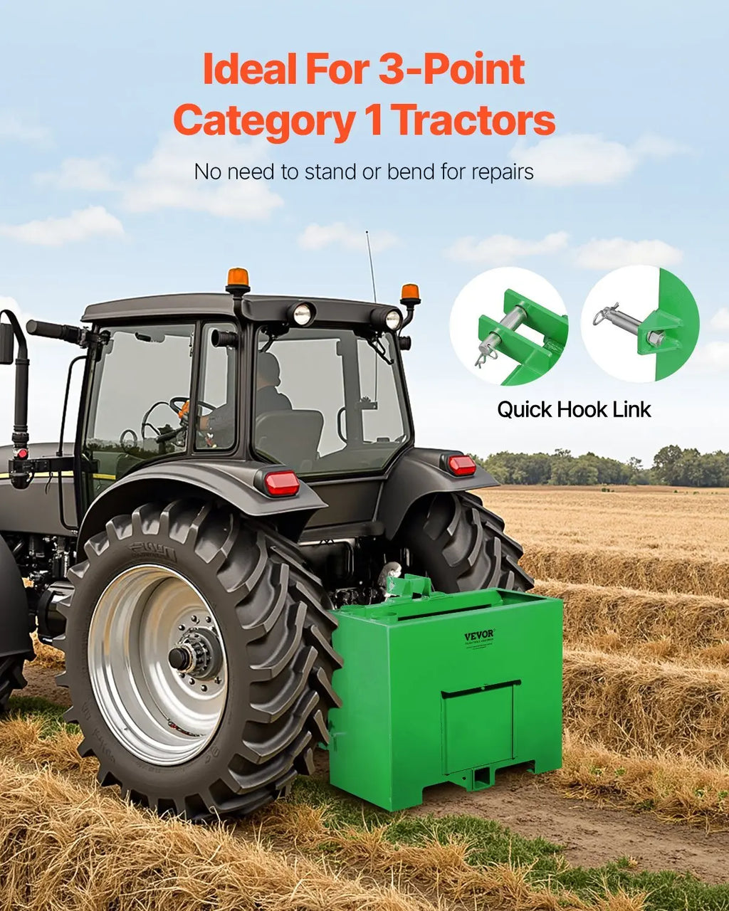 Ballast Box, 3-Point Category 1 Tractor Ballast of 800lbs Capacity, for 2 Inch Hitch Receiver, Heavy-Duty Steel 4.3 ft Large Volume Loader Attachment with Sliding Door, Green VEVOR