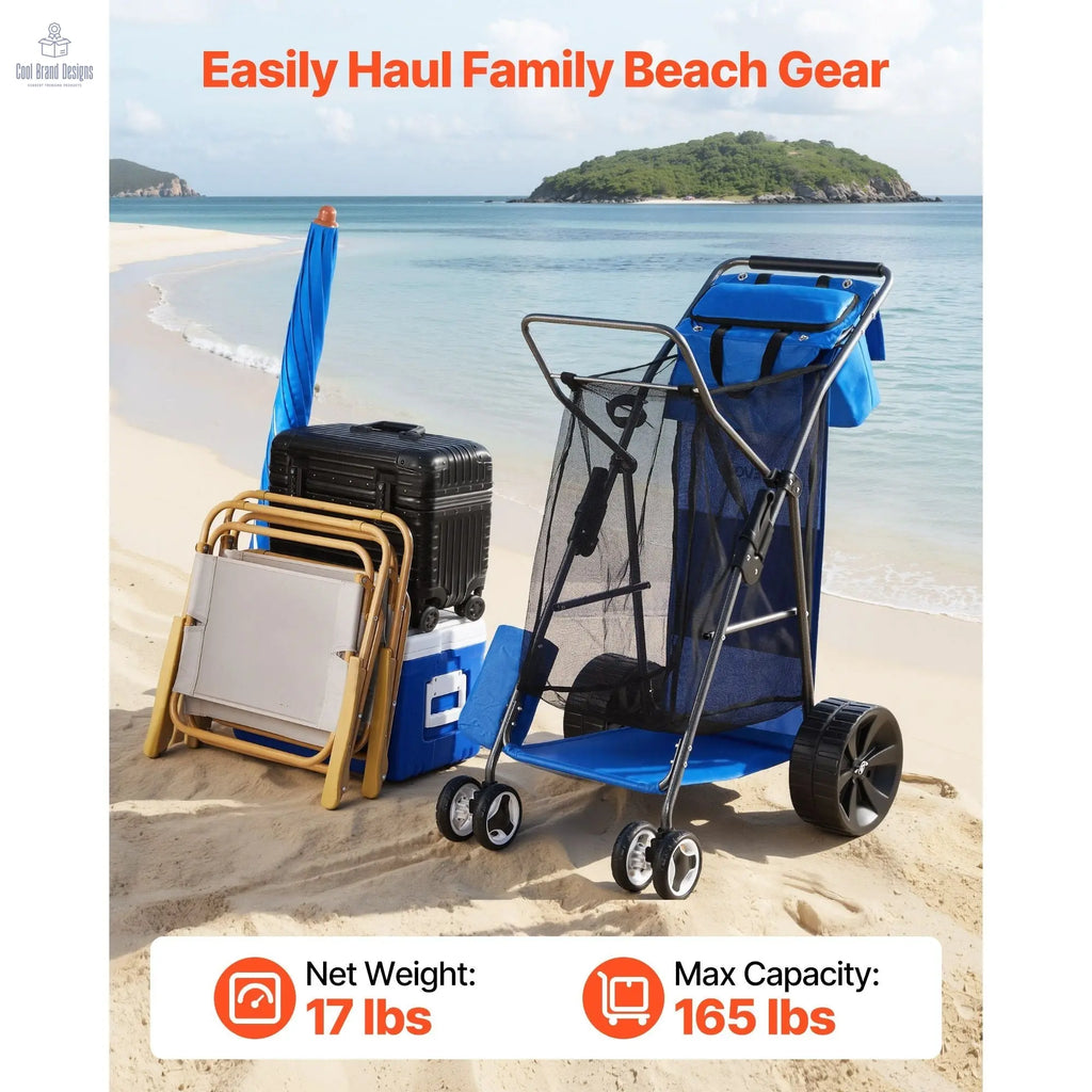 Beach Cart with Large Wheels for Sand, 165 lbs Load Capacity, Heavy Duty Folding Beach Wagon with 10" Solid Wheels, Insulated Cooler Bag, Umbrella Holder, Holds 4 Chairs for Camping & Fishing - Cool Brand Designs