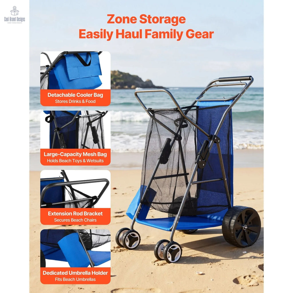 Beach Cart with Large Wheels for Sand, 165 lbs Load Capacity, Heavy Duty Folding Beach Wagon with 10" Solid Wheels, Insulated Cooler Bag, Umbrella Holder, Holds 4 Chairs for Camping & Fishing - Cool Brand Designs