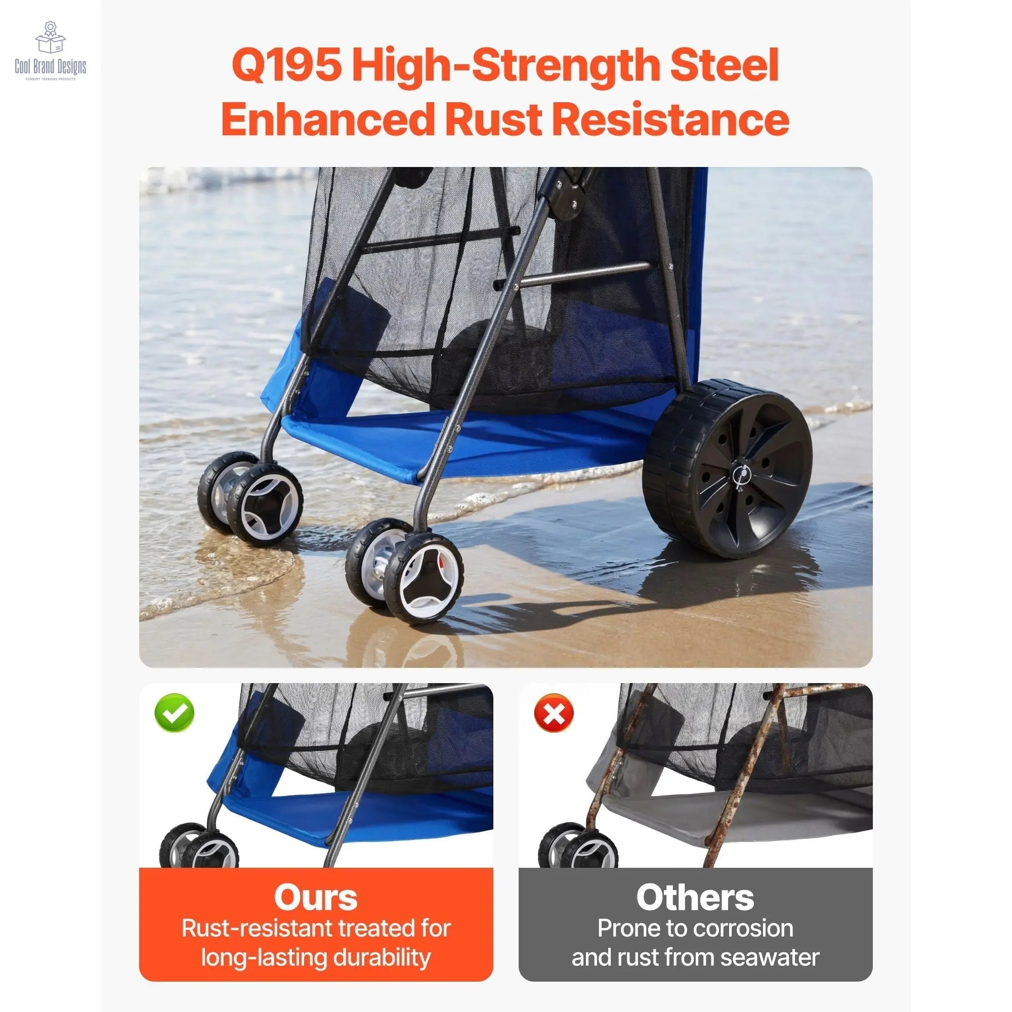 Beach Cart with Large Wheels for Sand, 165 lbs Load Capacity, Heavy Duty Folding Beach Wagon with 10" Solid Wheels, Insulated Cooler Bag, Umbrella Holder, Holds 4 Chairs for Camping & Fishing - Cool Brand Designs