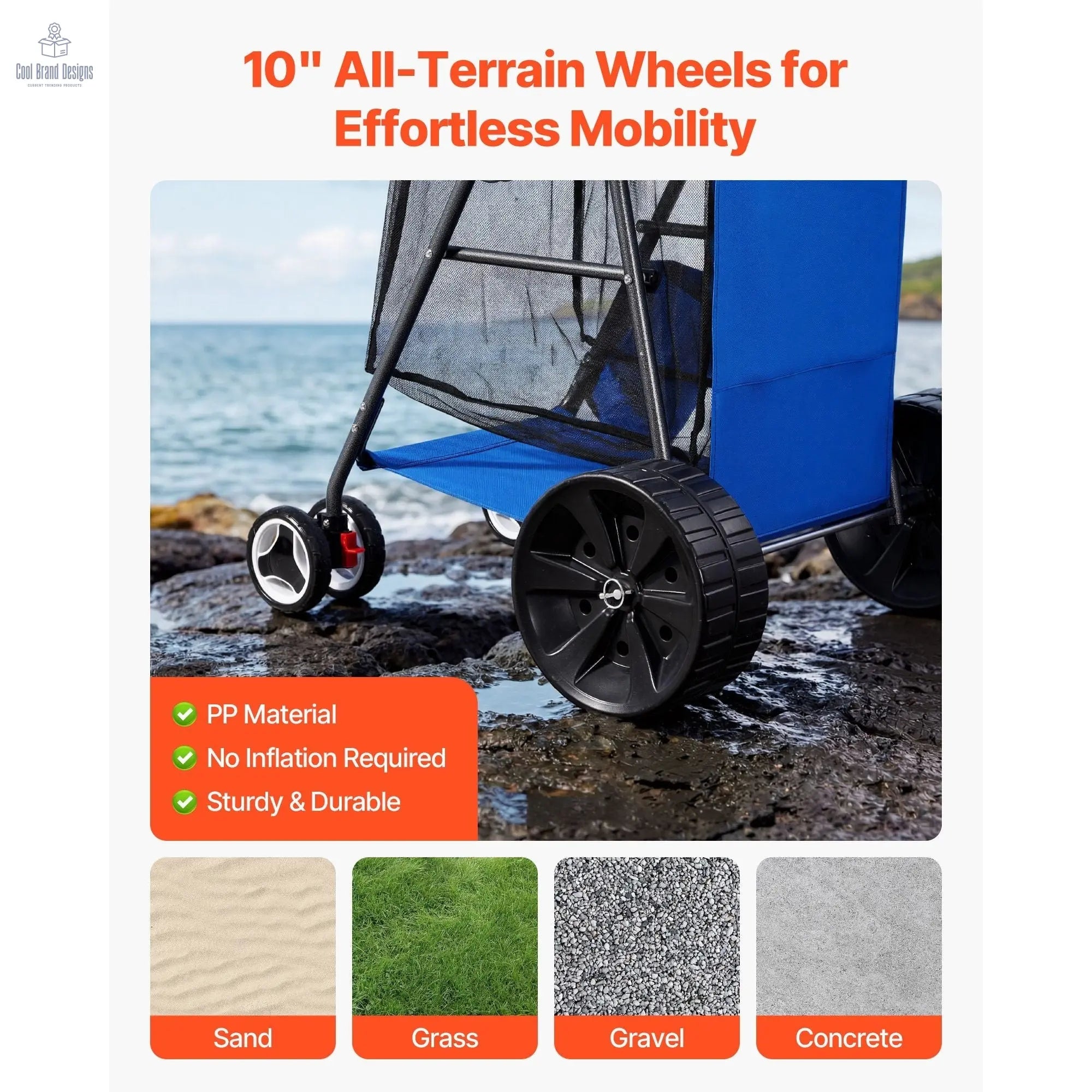Beach Cart with Large Wheels for Sand, 165 lbs Load Capacity, Heavy Duty Folding Beach Wagon with 10" Solid Wheels, Insulated Cooler Bag, Umbrella Holder, Holds 4 Chairs for Camping & Fishing - Cool Brand Designs