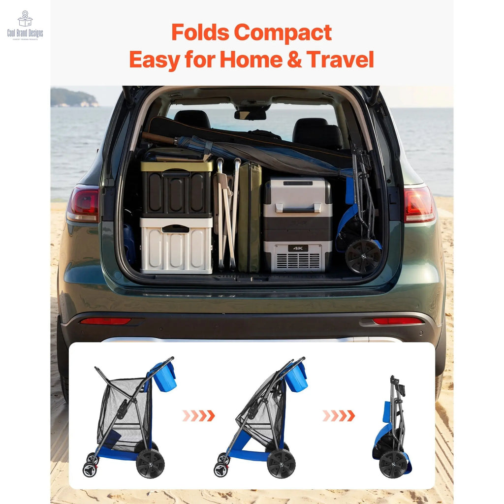 Beach Cart with Large Wheels for Sand, 165 lbs Load Capacity, Heavy Duty Folding Beach Wagon with 10" Solid Wheels, Insulated Cooler Bag, Umbrella Holder, Holds 4 Chairs for Camping & Fishing - Cool Brand Designs