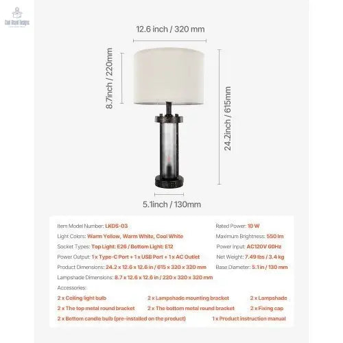 Bedside Lamp with USB C+A Ports & AC Outlet - Cool Brand Designs