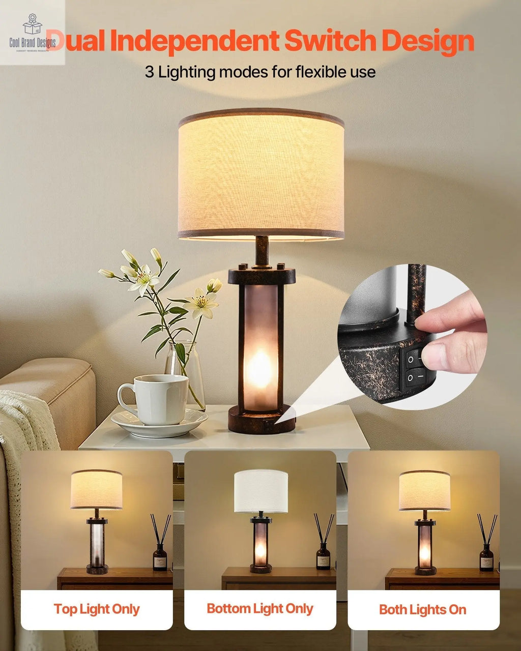 Bedside Lamp with USB C+A Ports & AC Outlet - Cool Brand Designs