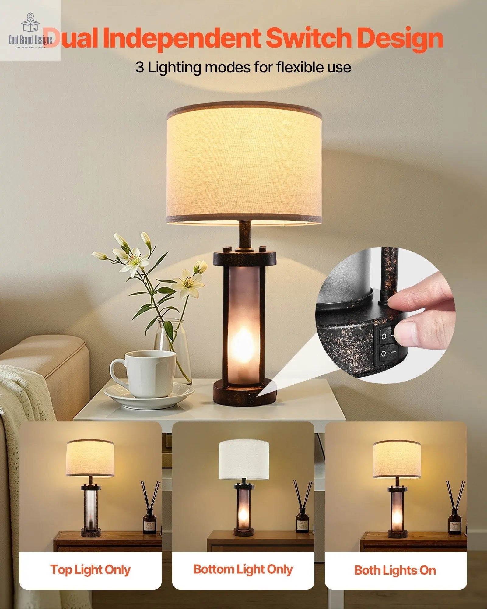 Bedside Lamp with USB C+A Ports & AC Outlet - Cool Brand Designs