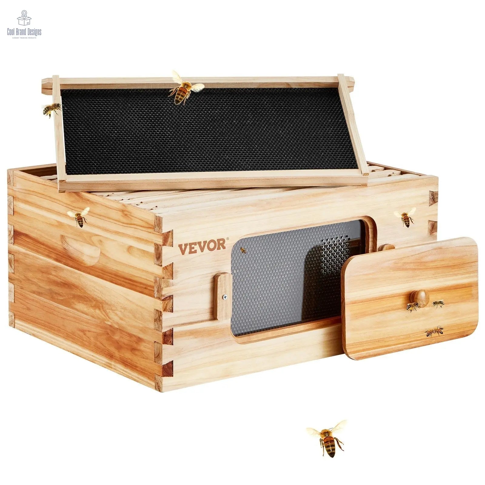 Bee Hive Deep Box Starter Kit, 100% Beeswax Coated Natural Fir Wood, Langstroth Beehive Kit with 10 Frames and Foundations, Transparent Acrylic Bee Windows for Beginners and Pro Beekeepers - Cool Brand Designs