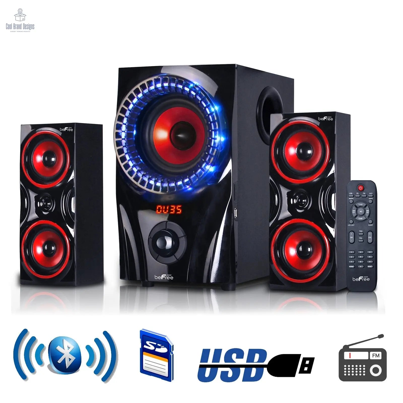 beFree Sound 2.1 Channel Bluetooth Surround Sound Speaker System in Red - Cool Brand Designs