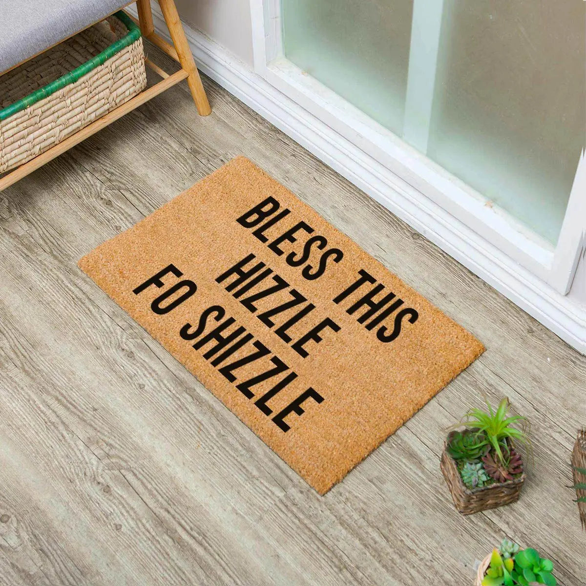 "Bless This Hizzle Fo Shizzle" Heavy-Duty Coconut Coir Doormat - Non-Slip Premium Outdoor Mat for Entryway with Humorous Housewarming Gift Design, 23.6x15.7 Inch (60x40cm) Durable Front Porch Decor - Cool Brand Designs