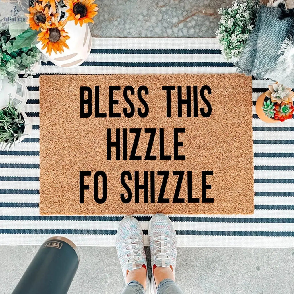 "Bless This Hizzle Fo Shizzle" Heavy-Duty Coconut Coir Doormat - Non-Slip Premium Outdoor Mat for Entryway with Humorous Housewarming Gift Design, 23.6x15.7 Inch (60x40cm) Durable Front Porch Decor - Cool Brand Designs