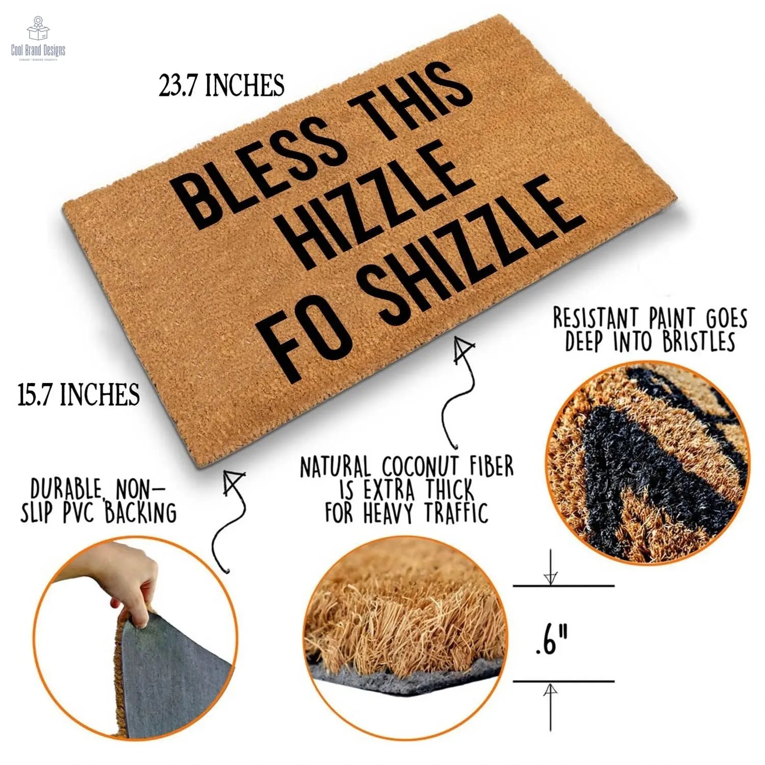 "Bless This Hizzle Fo Shizzle" Heavy-Duty Coconut Coir Doormat - Non-Slip Premium Outdoor Mat for Entryway with Humorous Housewarming Gift Design, 23.6x15.7 Inch (60x40cm) Durable Front Porch Decor - Cool Brand Designs
