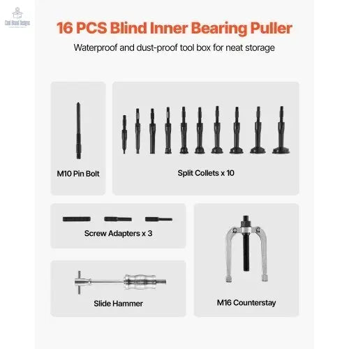 Blind Hole Bearing Puller Set, 16 - in - 1 Inner Bearing Race and Seal Extractor Kit, 16 PCS Slide Hammer Pilot Insert Inner Internal Bearing Removal Tool Set with 10 Split Collets and Counterstay - Cool Brand Designs