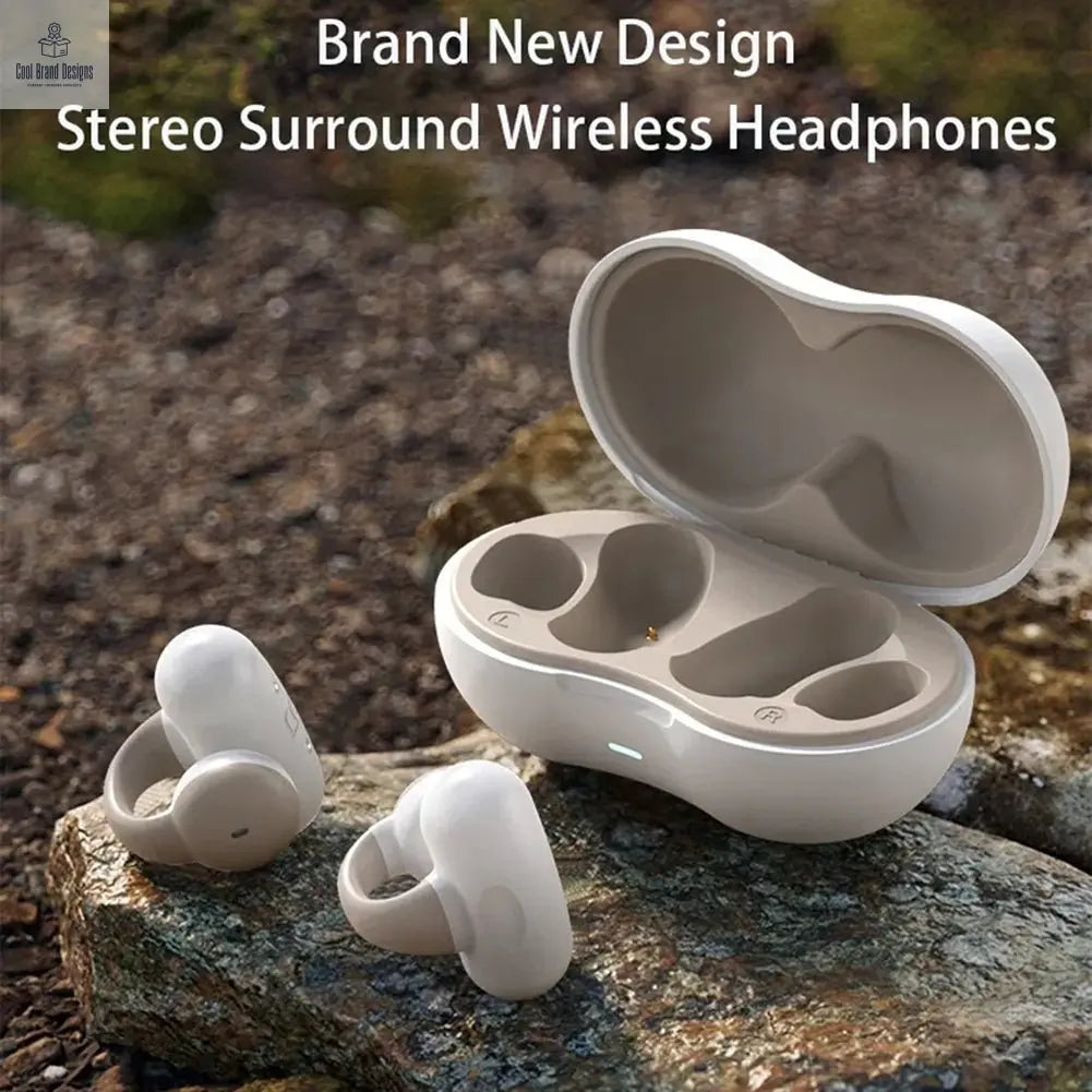 Bone Conduction Bluetooth 5.3 Headphones Ear Clip - On Wireless Sports Earphone Noise Reduction Headset Pink White - Cool Brand Designs