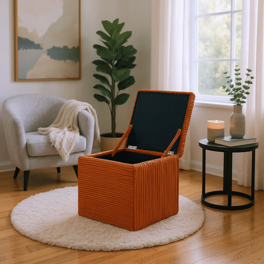Brown Linen-Textured Storage Ottoman with Black Rubber Feet – Compact Square Seat with Hidden Storage, 42×42×44cm - Cool Brand Designs